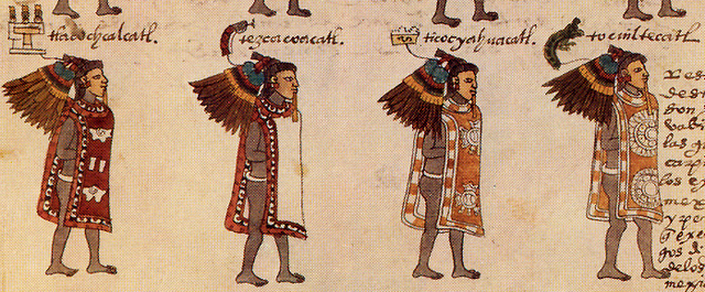 Pintura de nobles aztecas y escrituras sobre lienzo.