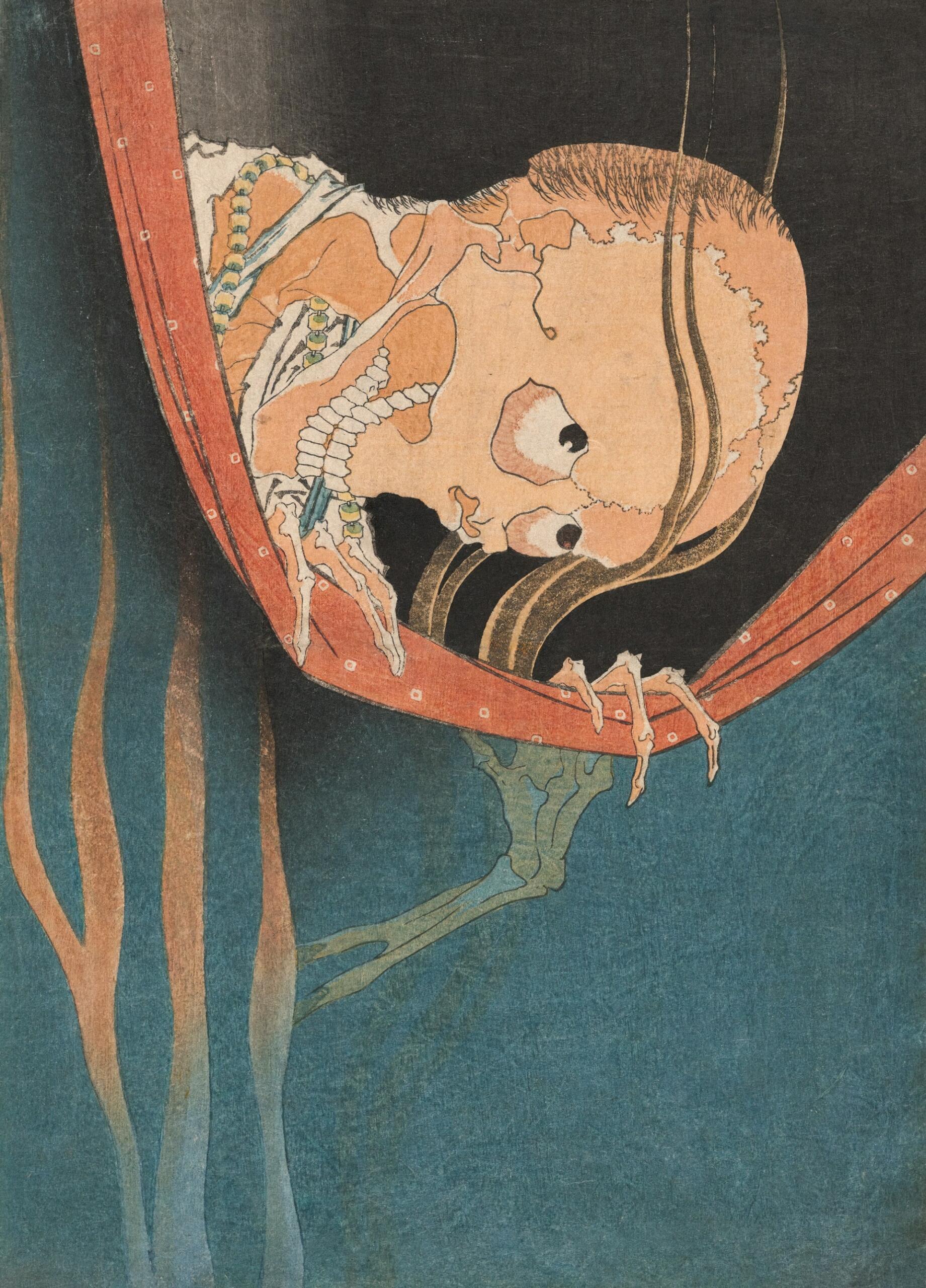 Dibujo de un monstruo sonriente mirando hacia abajo.