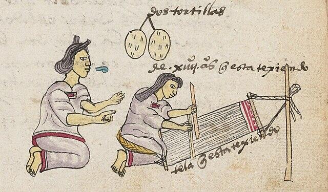 Pintura de dos mujeres tejiendo en el telar.