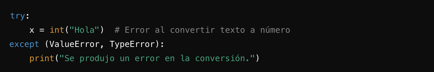 Fragmento de código que demuestra la gestión de errores en Python para convertir texto en un número entero, indicando las posibles excepciones con un mensaje.