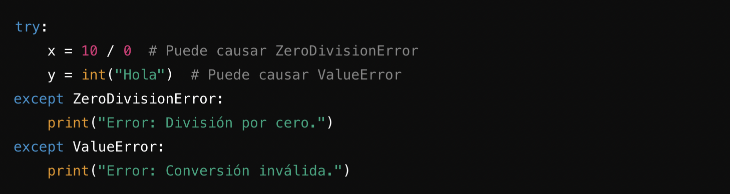 Fragmento de código que demuestra la gestión de errores en Python, con excepciones para ZeroDivisionError y ValueError.