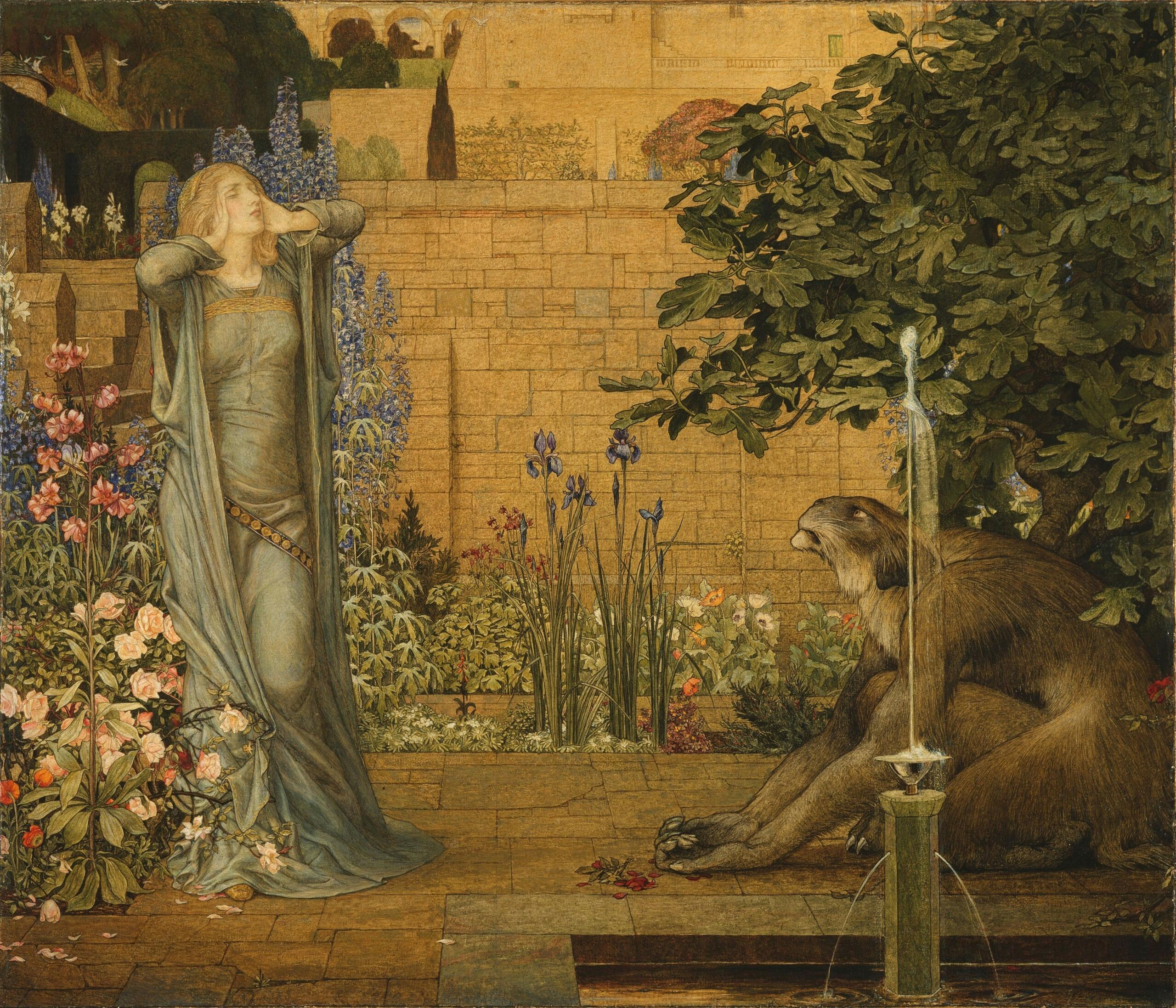 Una serena escena de jardín con flores exuberantes, una fuente y un oso descansando junto al agua, rodeado por un muro de piedra y vegetación.