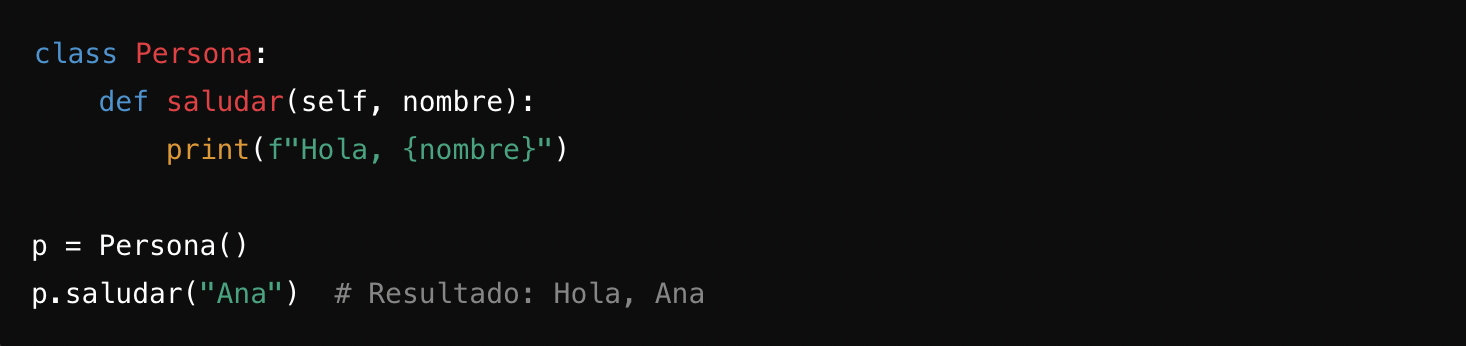 Fragmento de código que demuestra una clase Python “Persona” con un método “saludar” para saludar a un usuario por su nombre. Ejemplo de salida para «Ana».