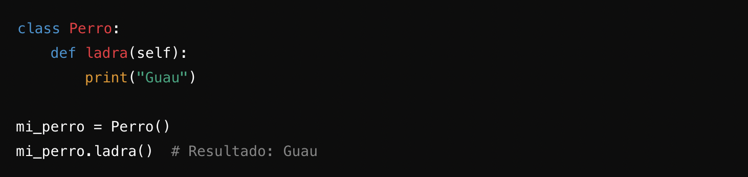 Fragmento de código que muestra una clase Python “Perro” con un método “ladra” que imprime «Guau» cuando es llamado.