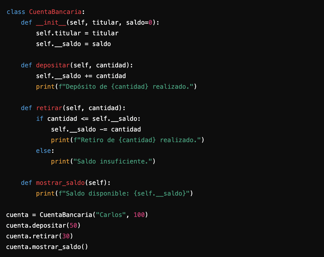 Fragmento de código de una clase Python para una cuenta bancaria, que incluye métodos para depositar, retirar y mostrar el saldo.