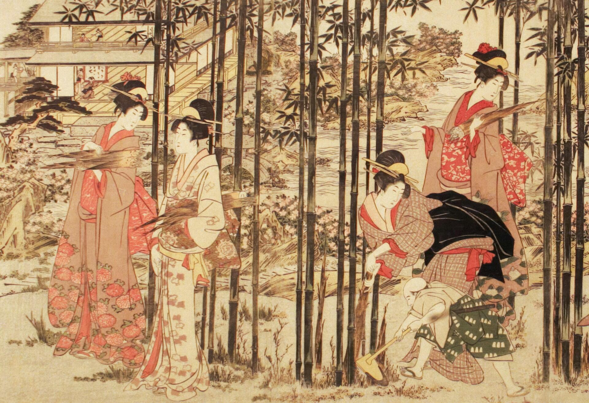 Pintura de un grupo de mujeres japonesas entre las cañas de bambú.