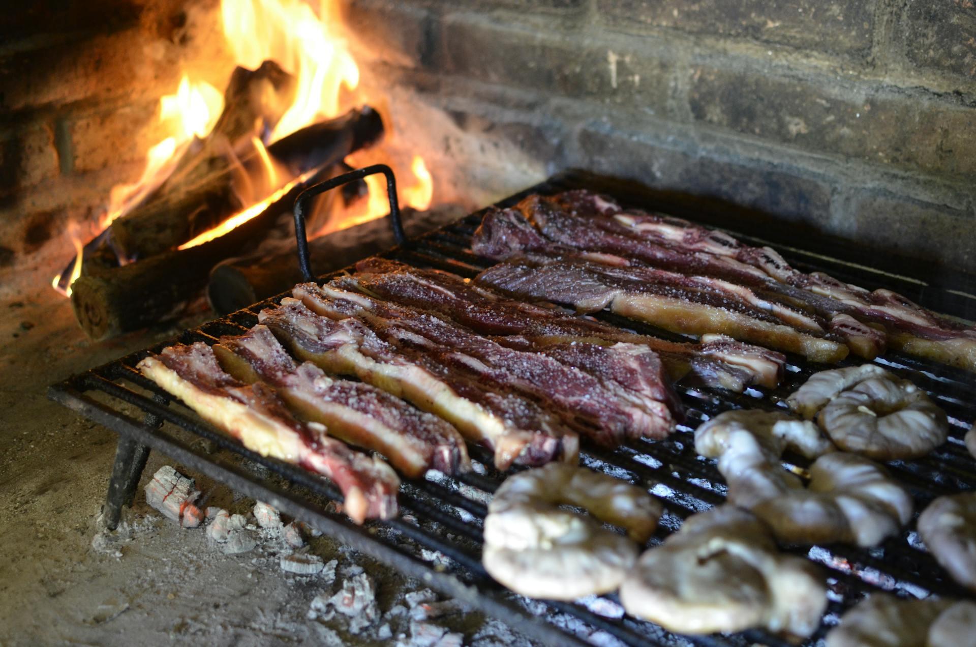 Cortes de carne apoyados sobre la parrilla al lado del fuego.