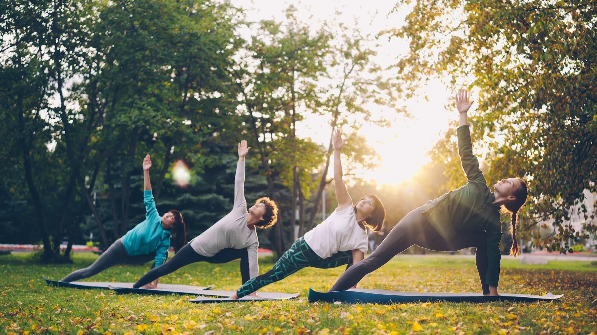 Mujeres estirando el cuerpo sobre el mat de yoga en el parque.