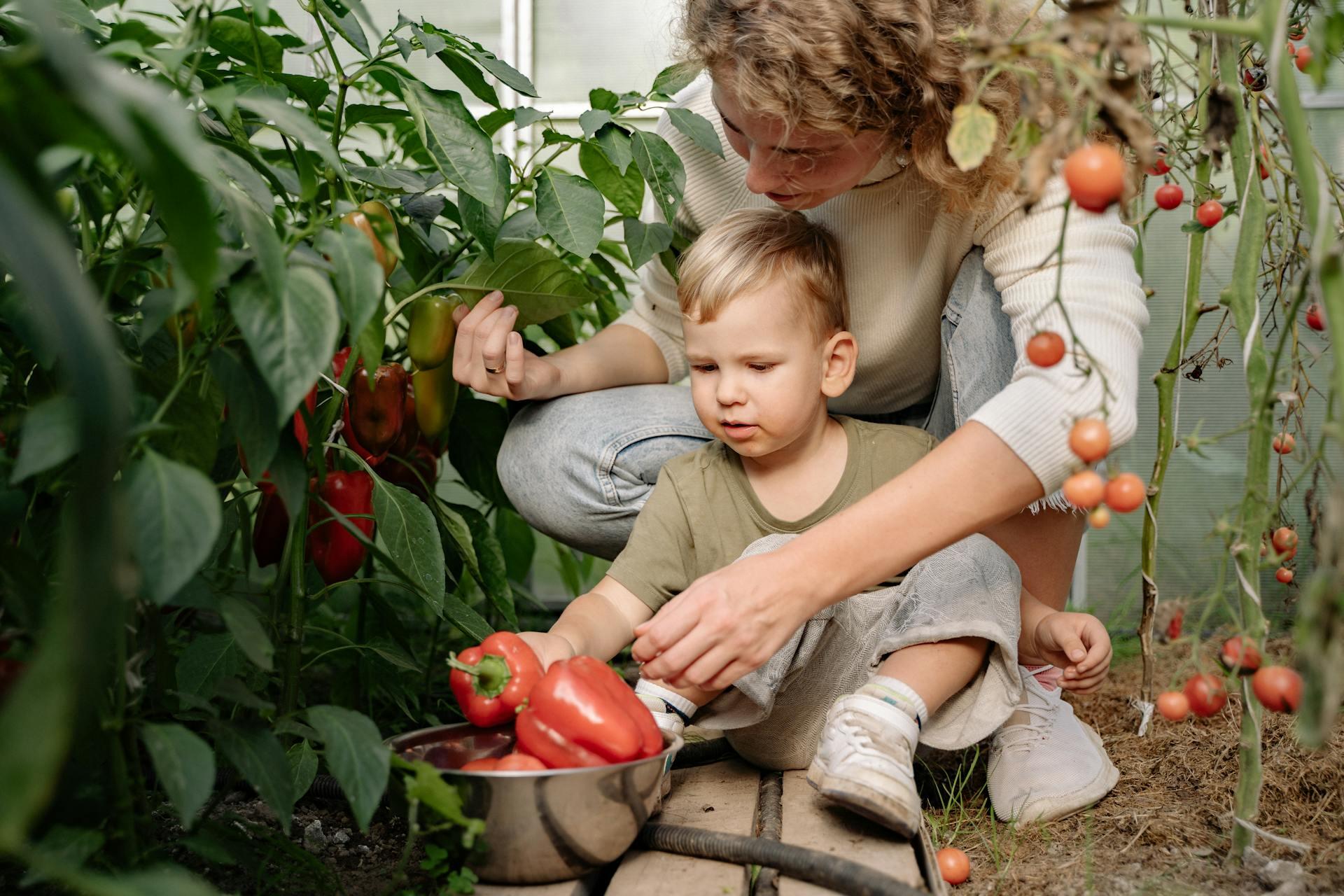 Una mujer y un niño en la huerta.