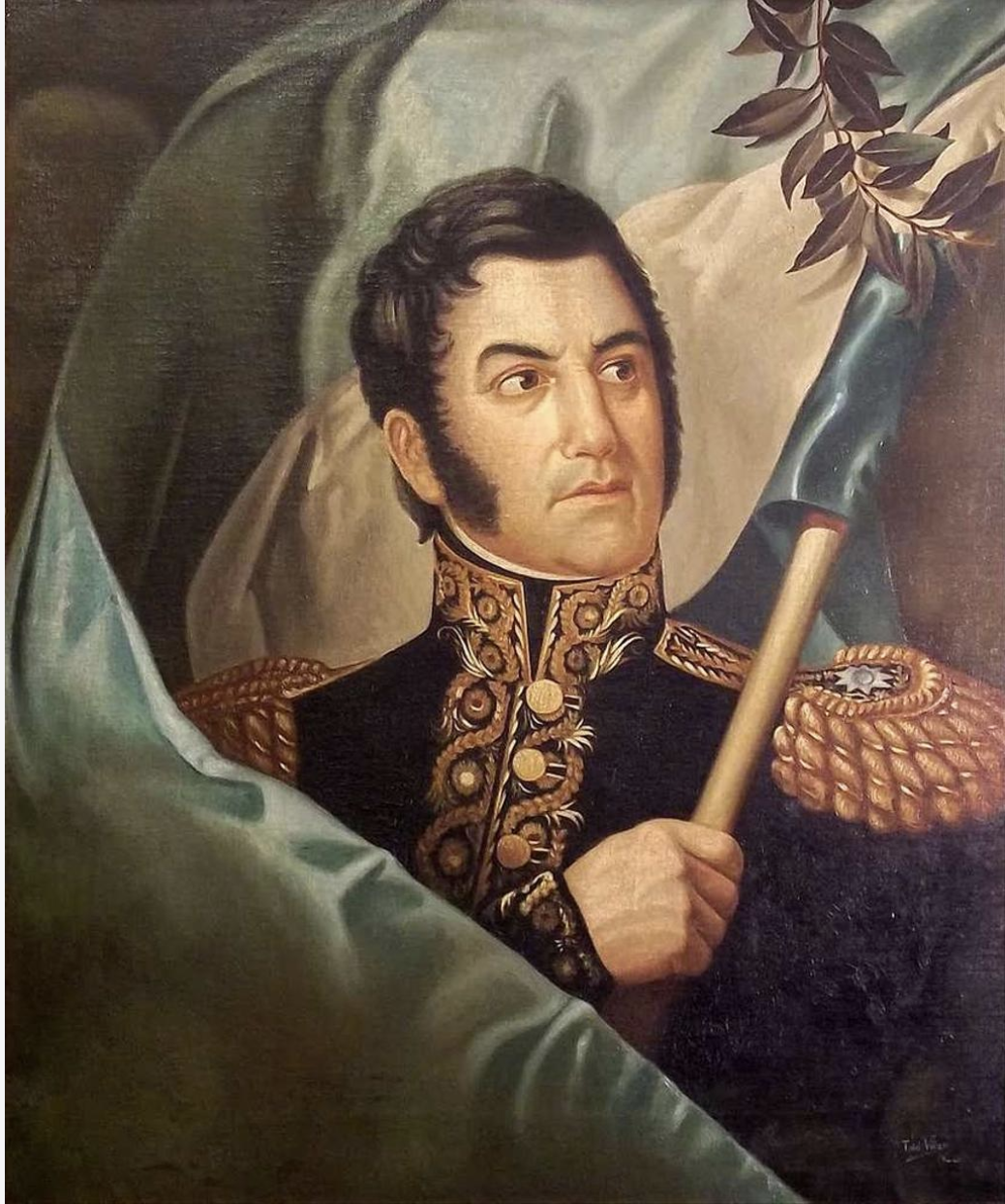 Retrato al óleo del General José de San Martín con uniforme militar, representando su rol como político y estratega.