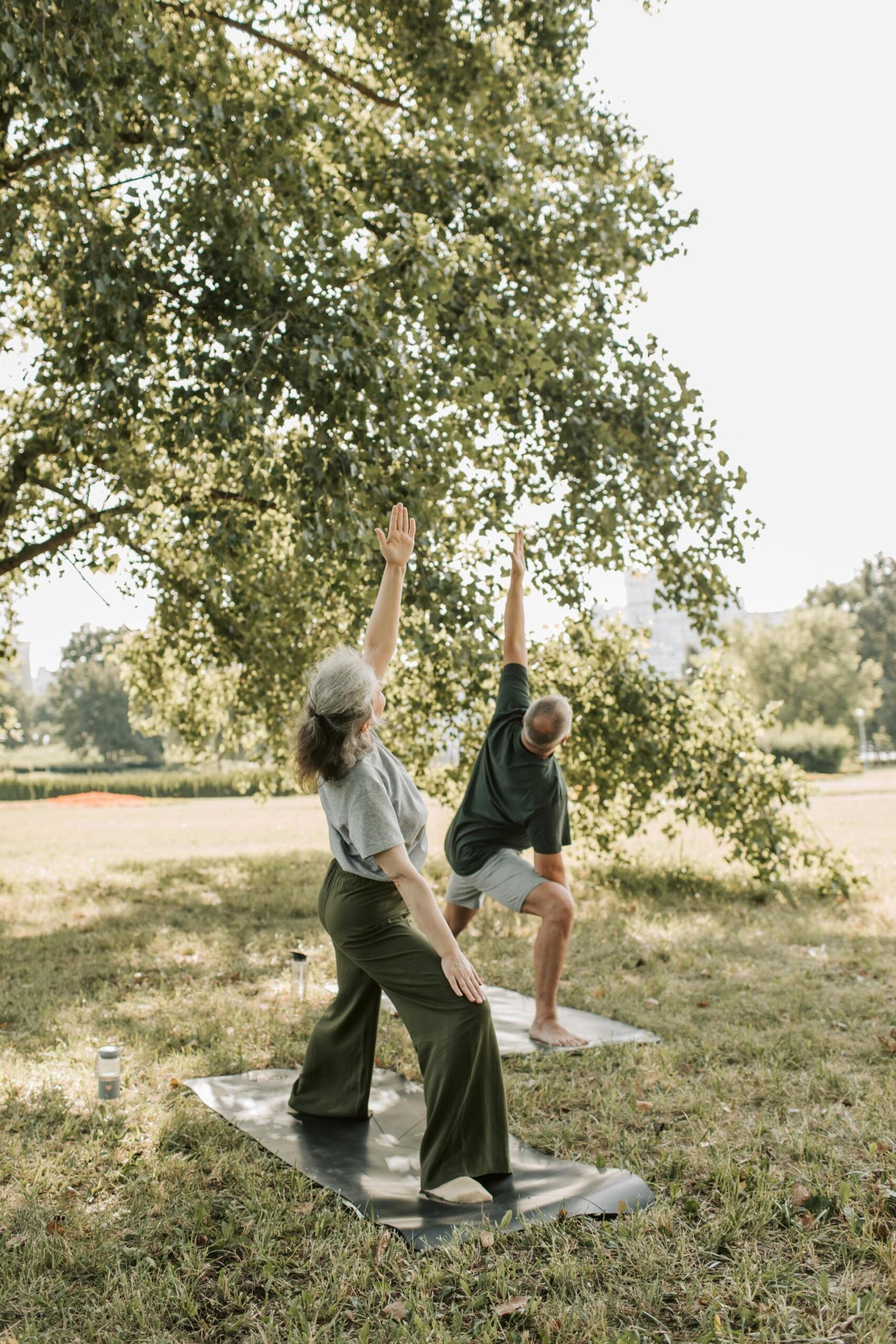 Personas haciendo yoga en el mat negro bajo la copa de los árboles.