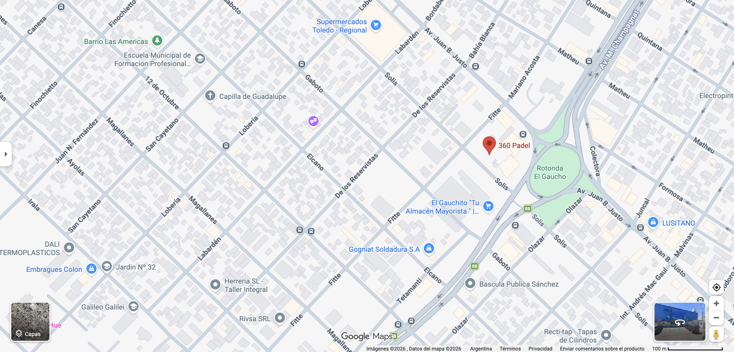 Mapa de Google Maps que muestra la ubicación de "360 Padel" cerca de la Rotonda El Gaucho en Mar del Plata, Argentina. Fuente: Google Maps.