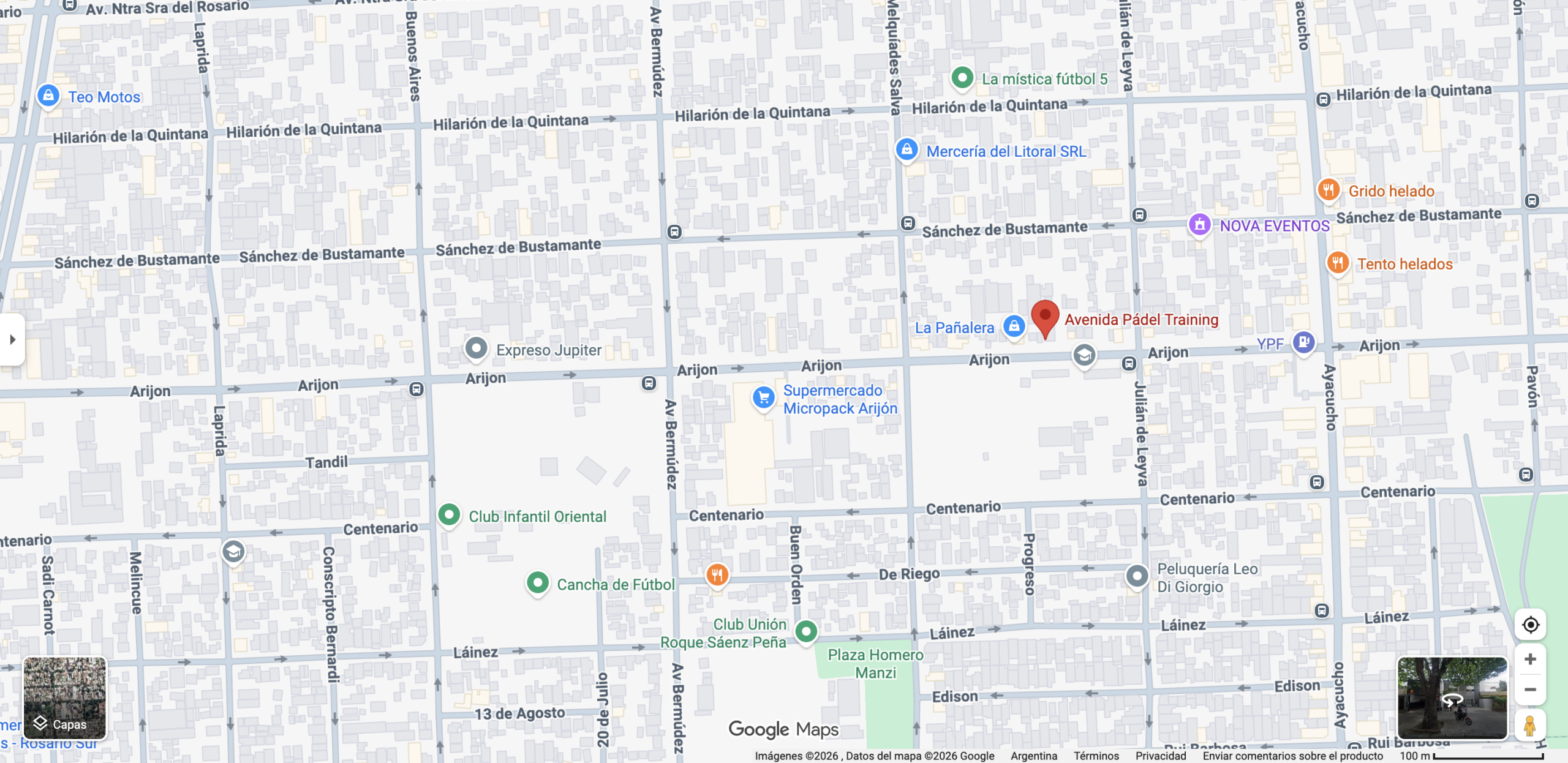Mapa de Google Maps que muestra la ubicación de Avenida Padel Training en la zona sur de Rosario. Fuente: Google Maps.
