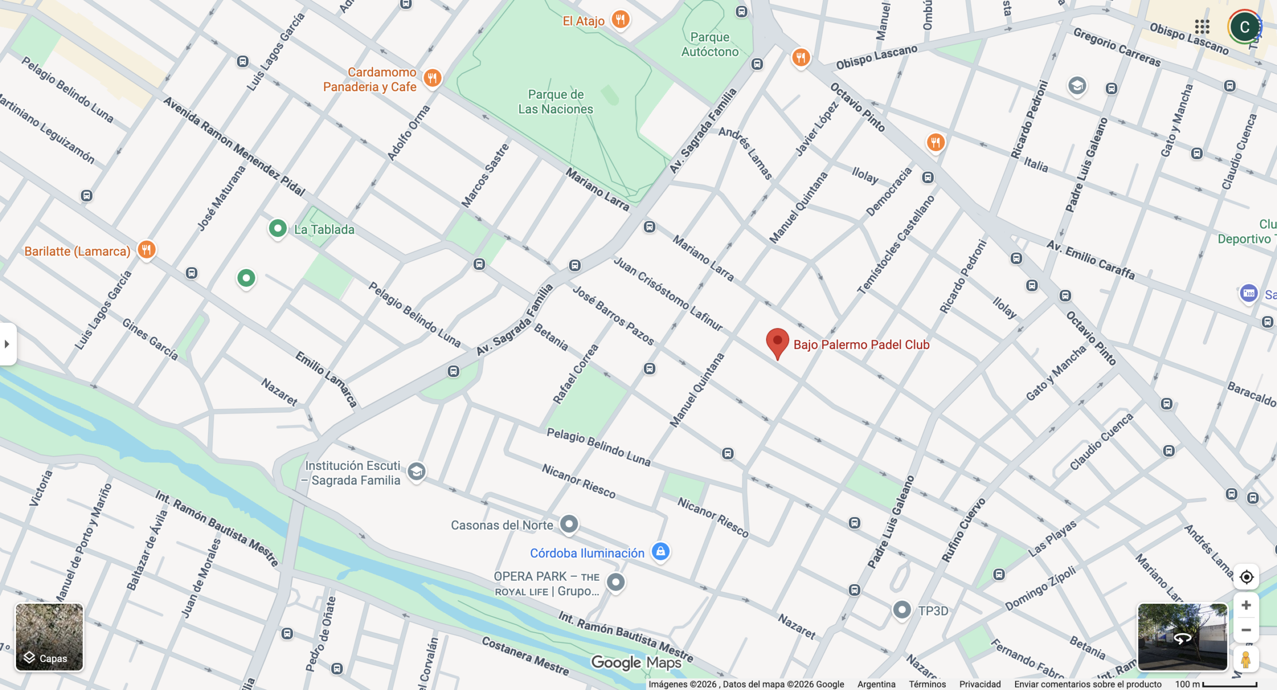 Mapa de Google Maps mostrando Bajo Palermo Padel Club, Córdoba. Fuente: Google Maps.