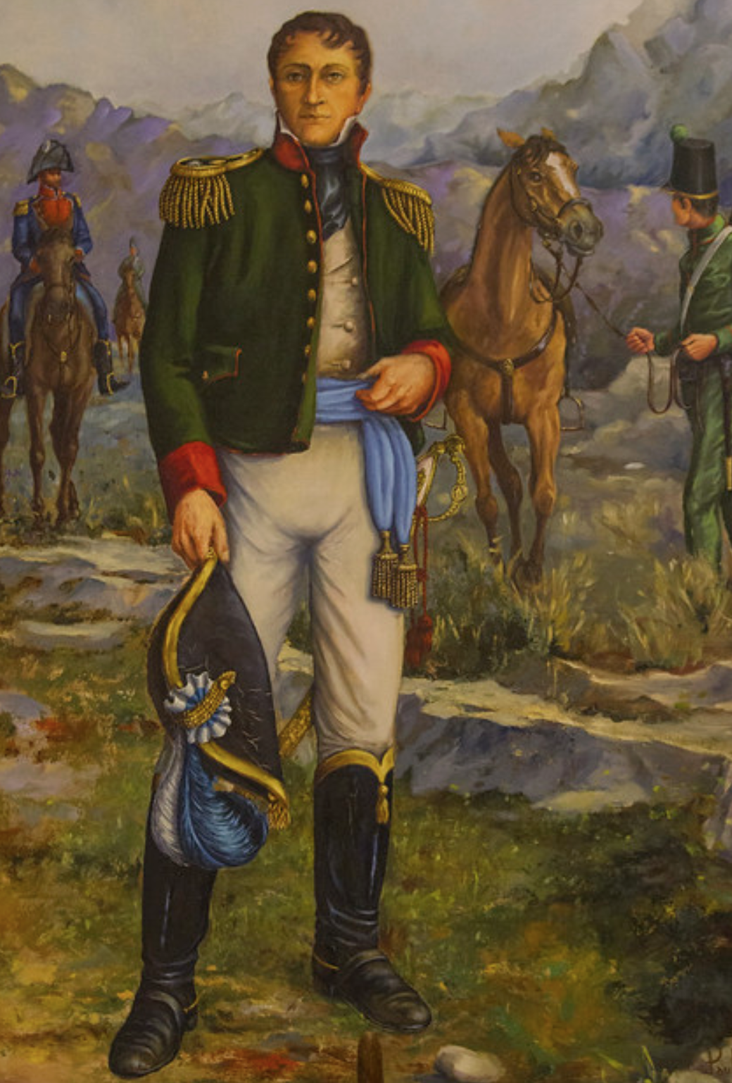 Argentina, siglo XIX. Retrato de Manuel Belgrano en uniforme militar con insignias de general, montado a caballo en paisaje de montaña. Pintura histórica, Wikimedia Commons.