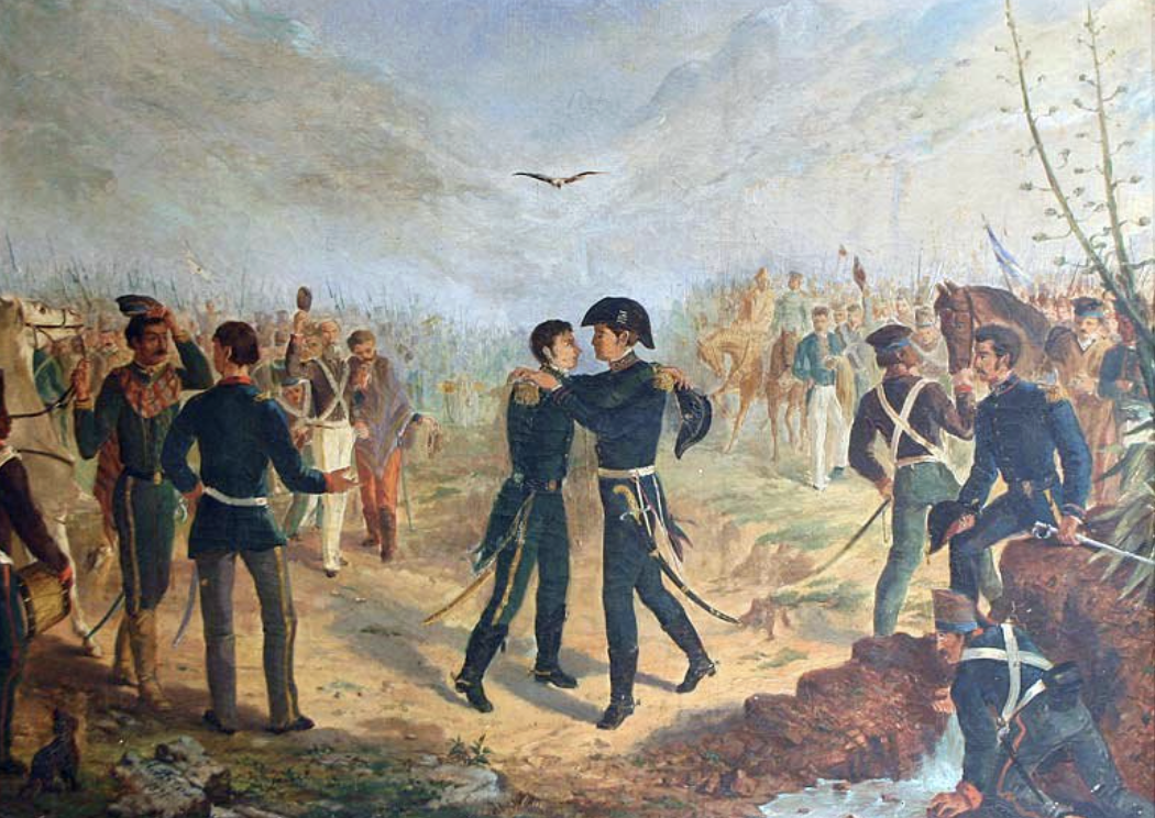 Argentina, 1810-1820. Escena de encuentro militar durante las campañas de la Revolución de Mayo, con soldados en formación en campo abierto. Pintura histórica, Wikimedia Commons.