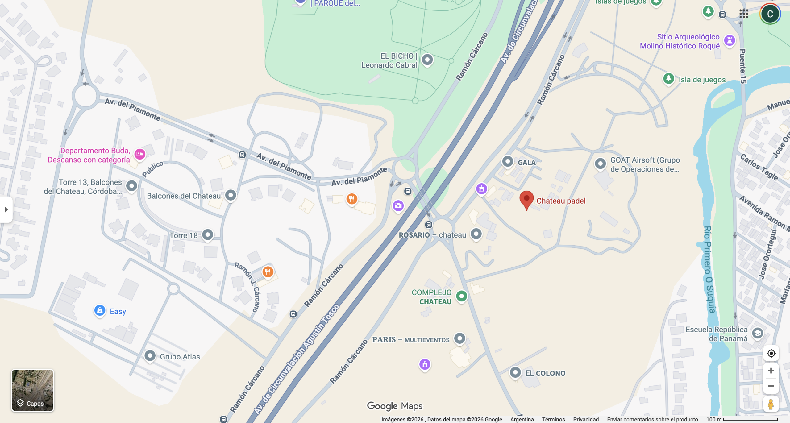 Mapa de Google Maps con la ubicación de Chateau Padel, Córdoba. Fuente: Google Maps.