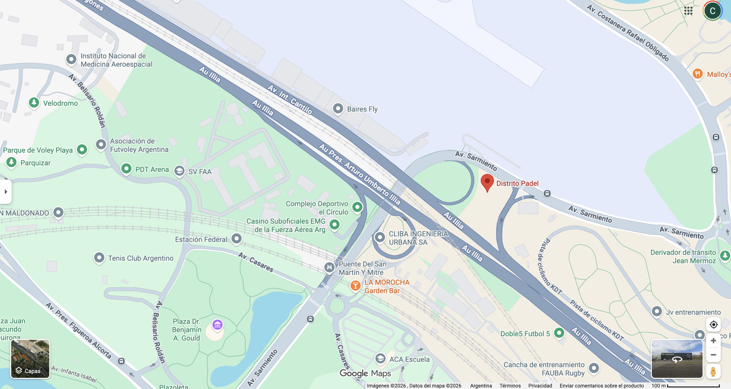 Mapa de Google Maps que muestra la ubicación de Distrito Padel cerca de la zona del KDT en Buenos Aires. Fuente: Google Maps.
