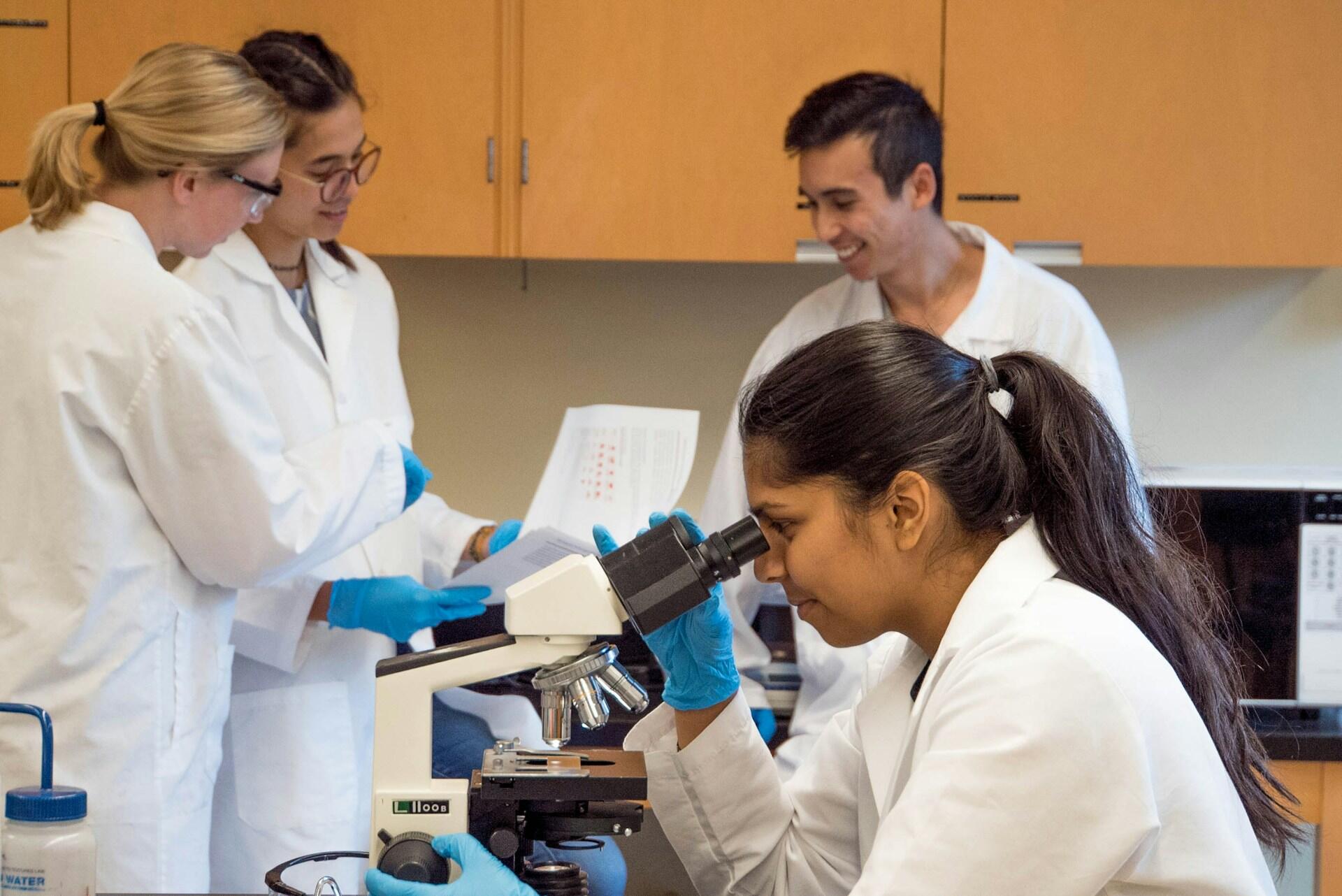 Grupo de médicos leyendo y mirando por el microscopio.