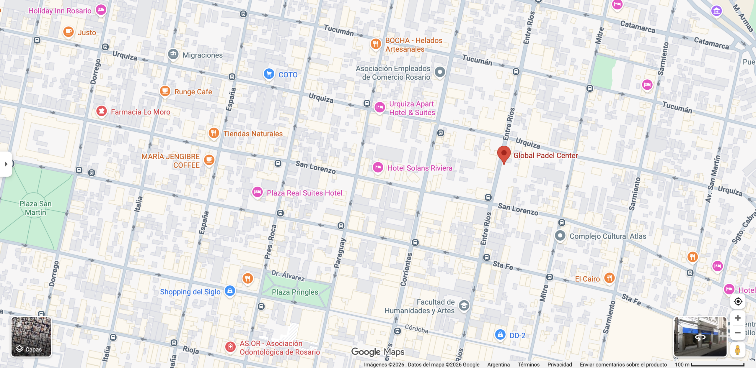 Mapa de Google Maps mostrando la ubicación de Global Pádel Center en el centro de Rosario. Fuente: Google Maps.