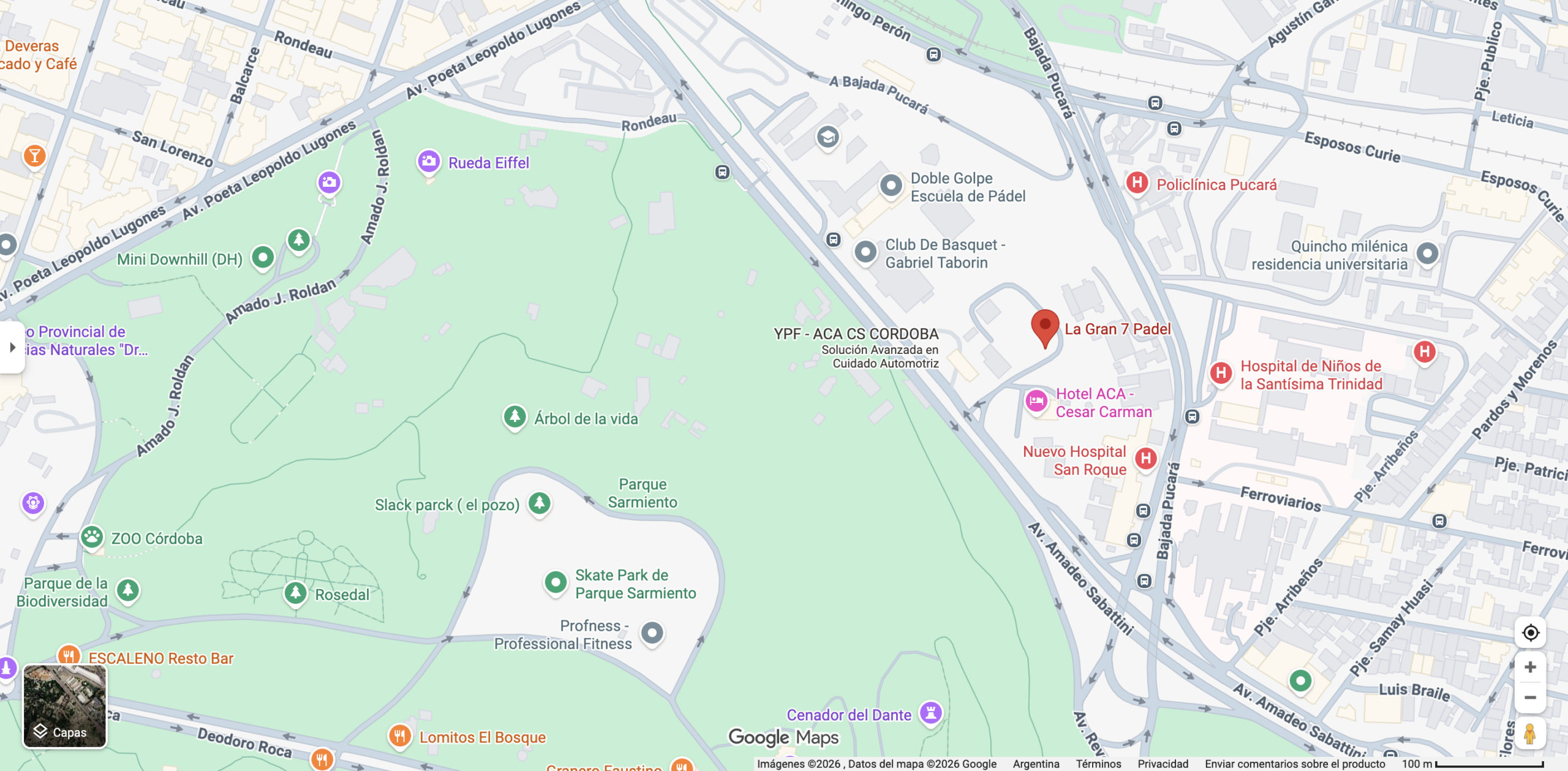 Mapa de Google Maps que indica la localización de La Gran 7 Padel cerca del Parque Sarmiento, Córdoba. Fuente: Google Maps.