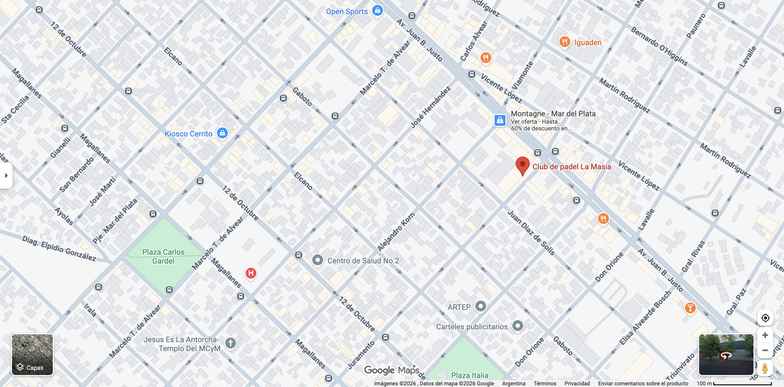 Mapa de Google Maps que señala la ubicación del "Club de padel La Masia" cerca de la Plaza Carlos Gardel y Plaza Italia en Mar del Plata, Argentina. Fuente: Google Maps.