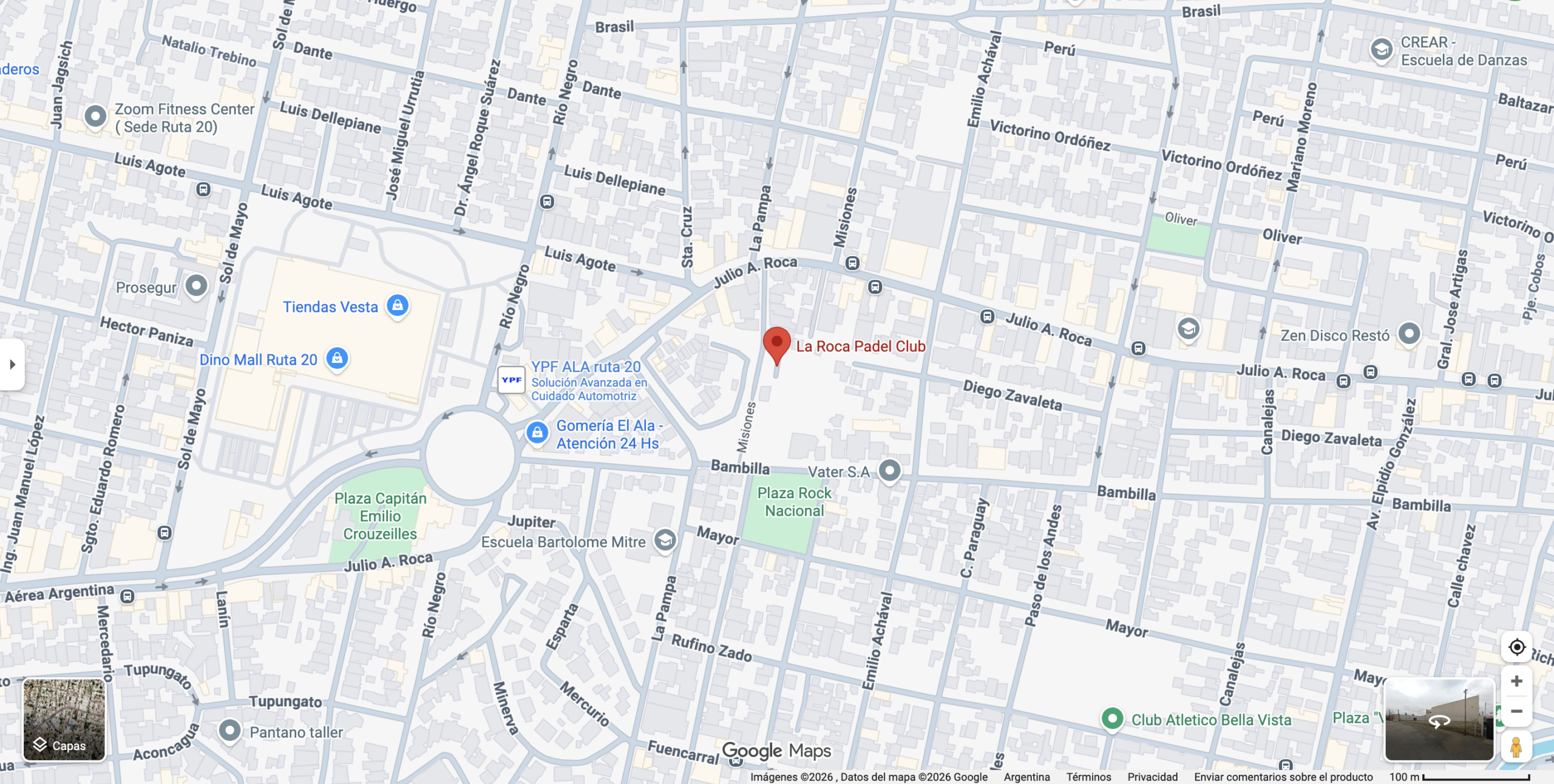 Mapa de Google Maps con la ubicación de La Roca Padel Club, cerca de la Ruta 20 en Córdoba. Fuente: Google Maps.