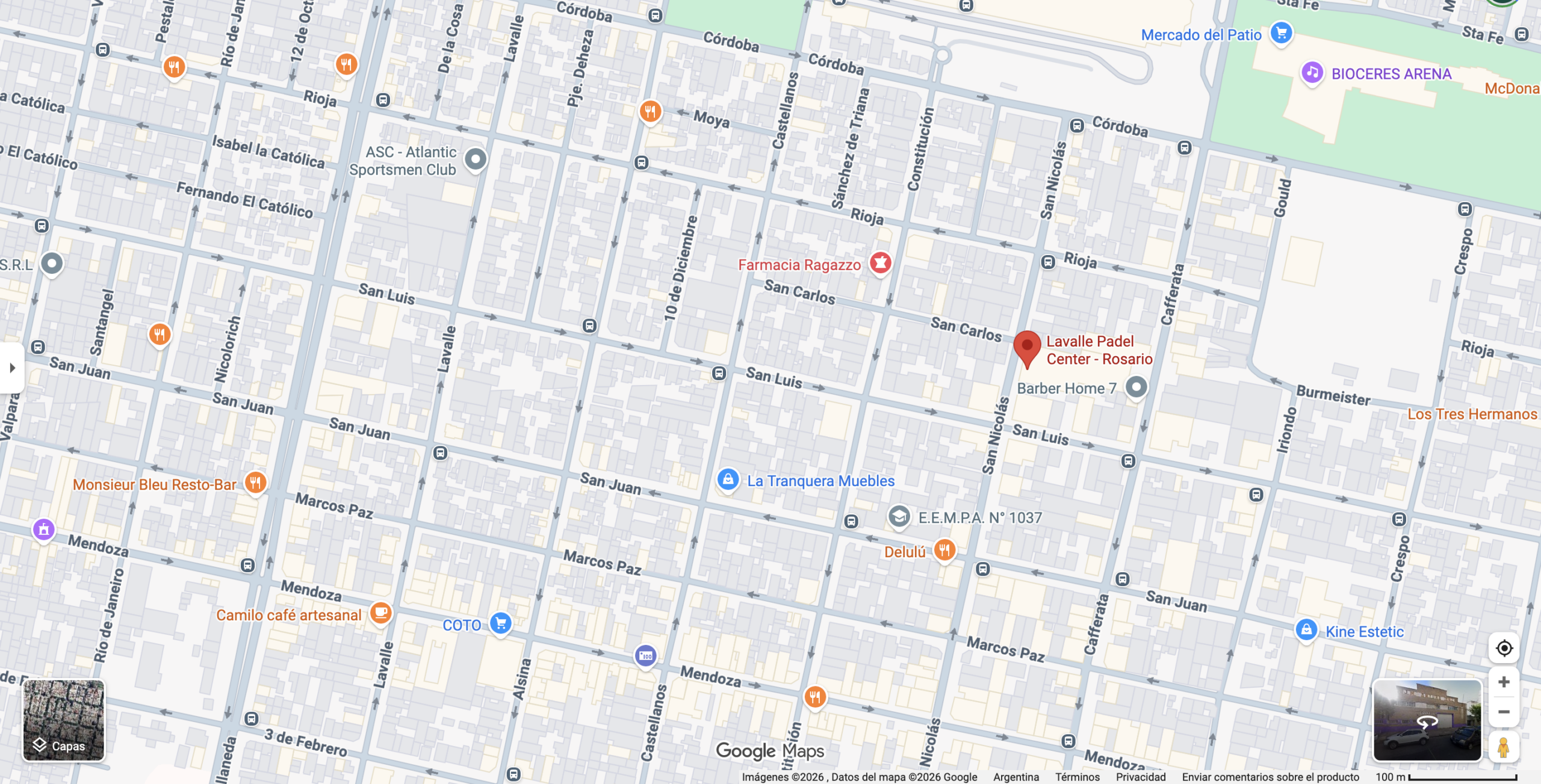 mapa de Google Maps indicando Lavalle Padel Center en el barrio Echesortu, Rosario. Fuente: Google Maps.