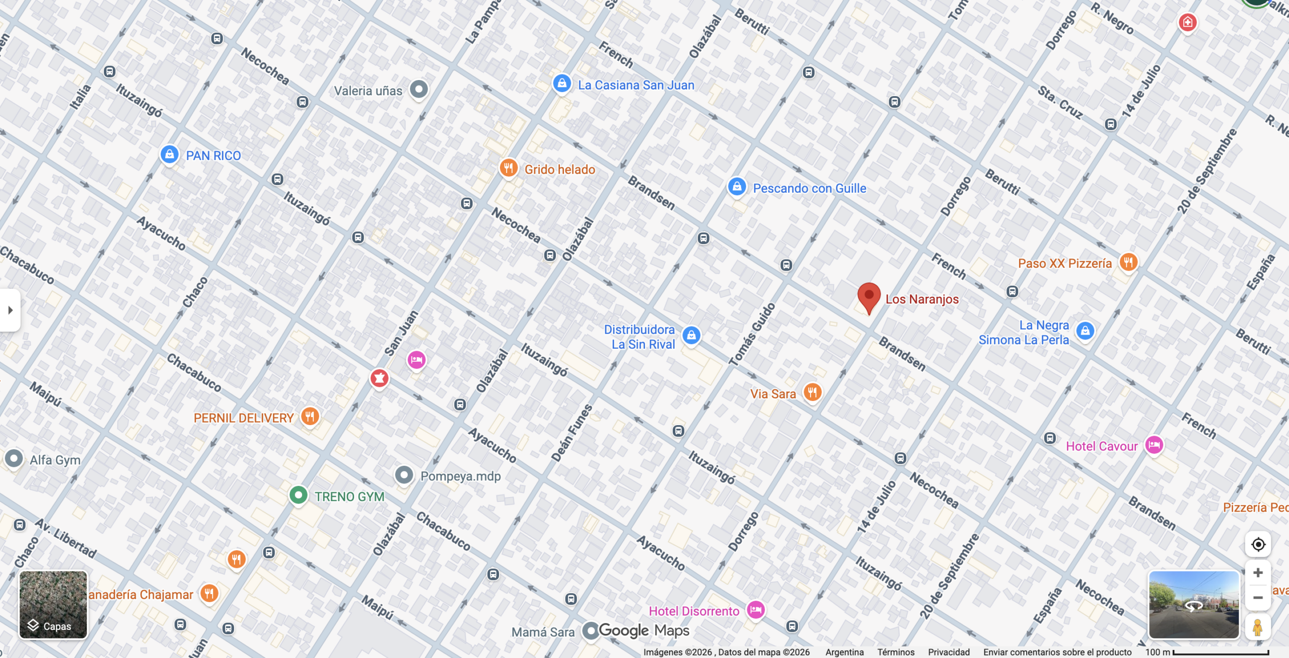 Mapa de Google Maps que indica la ubicación de "Los Naranjos" en una zona urbana de Mar del Plata, Argentina, rodeado de calles como Brandsen y Tomás Guido. Fuente: Google Maps.