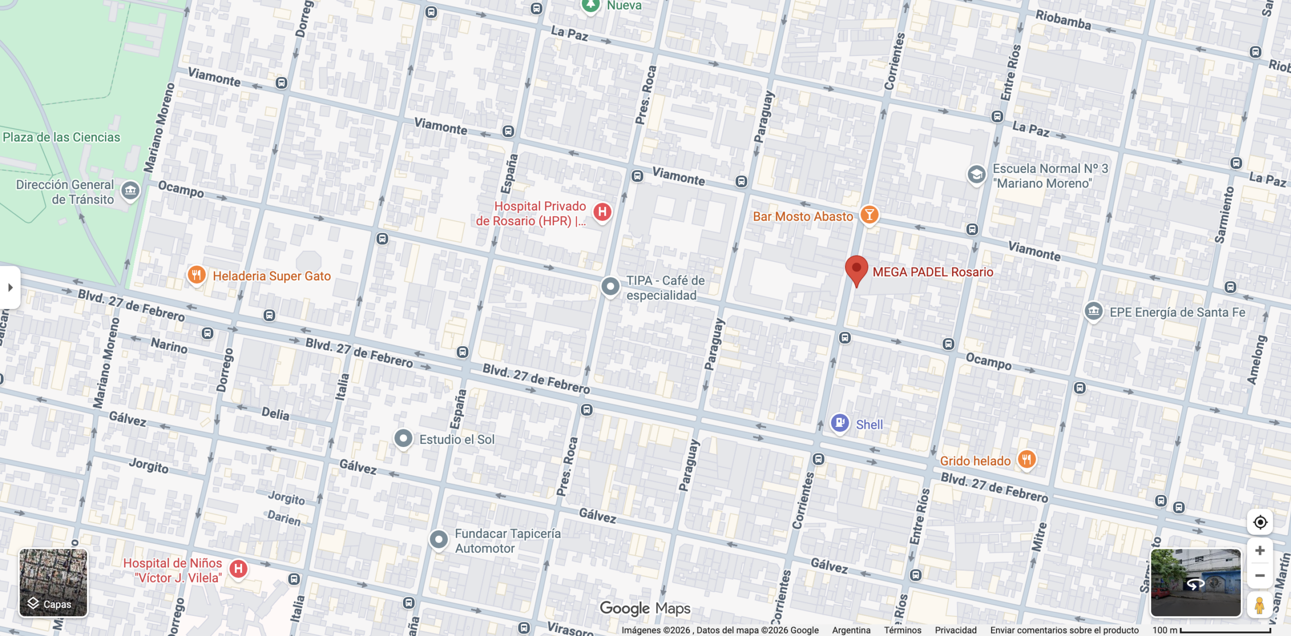 Mapa de Google Maps que muestra la localización de MEGA PADEL Rosario sobre Boulevard 27 de Febrero. Fuente: Google Maps.