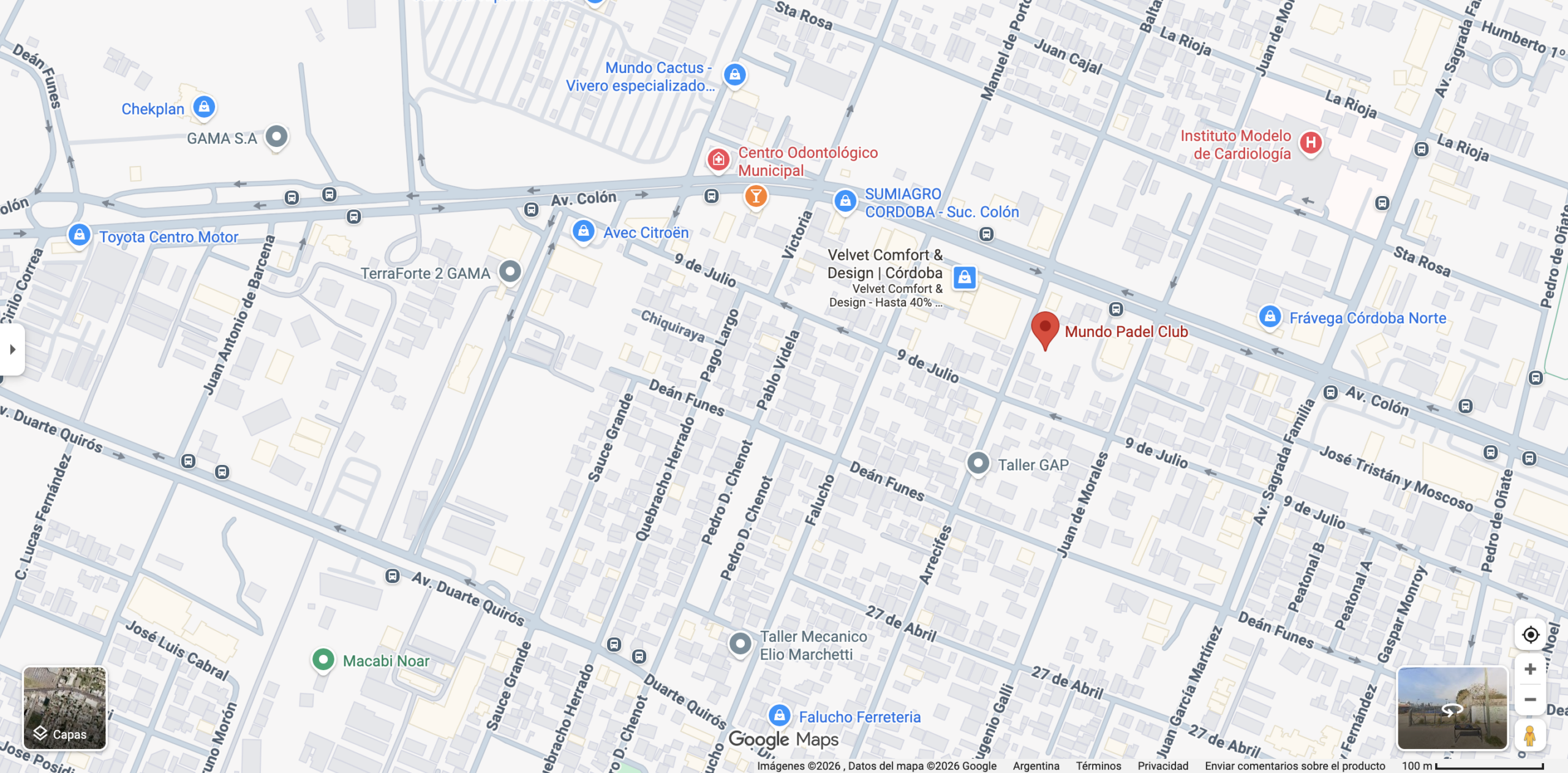 Mapa de Google Maps que muestra la localización de Mundo Padel Club cerca de la Av. Colón. Fuente: Google Maps.