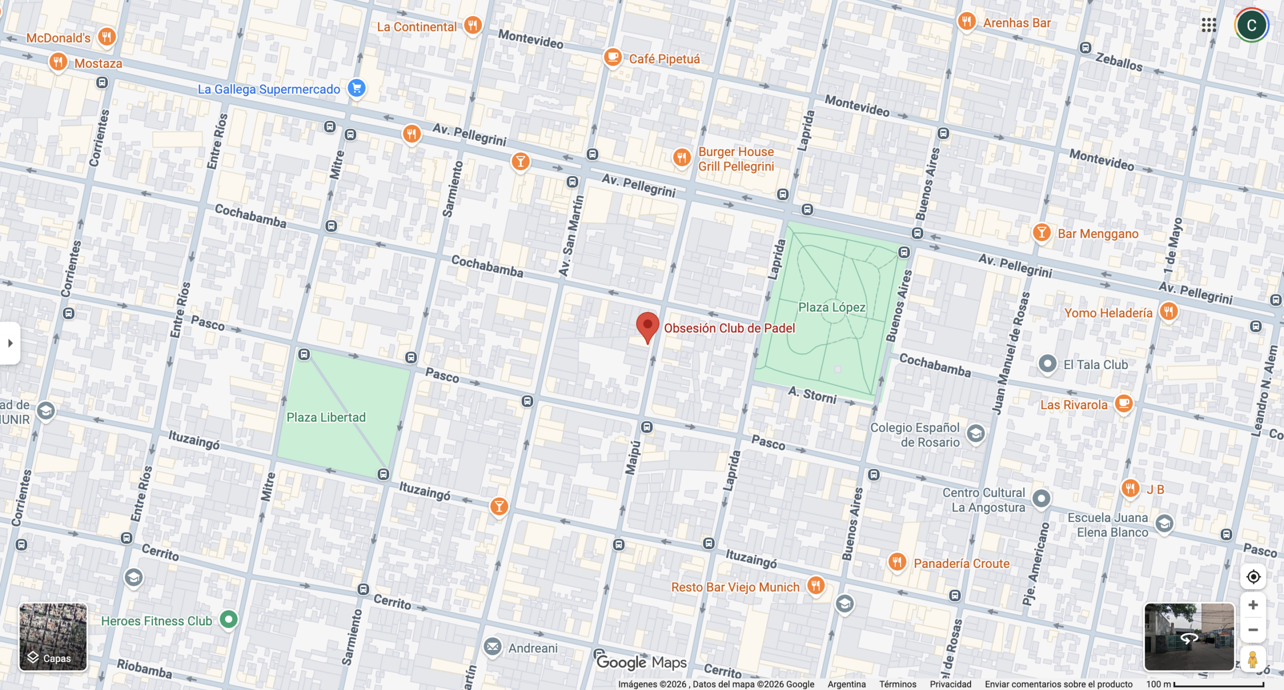 Mapa de Google Maps con la ubicación de Obsesión Club de Padel, Rosario. Fuente: Google Maps.