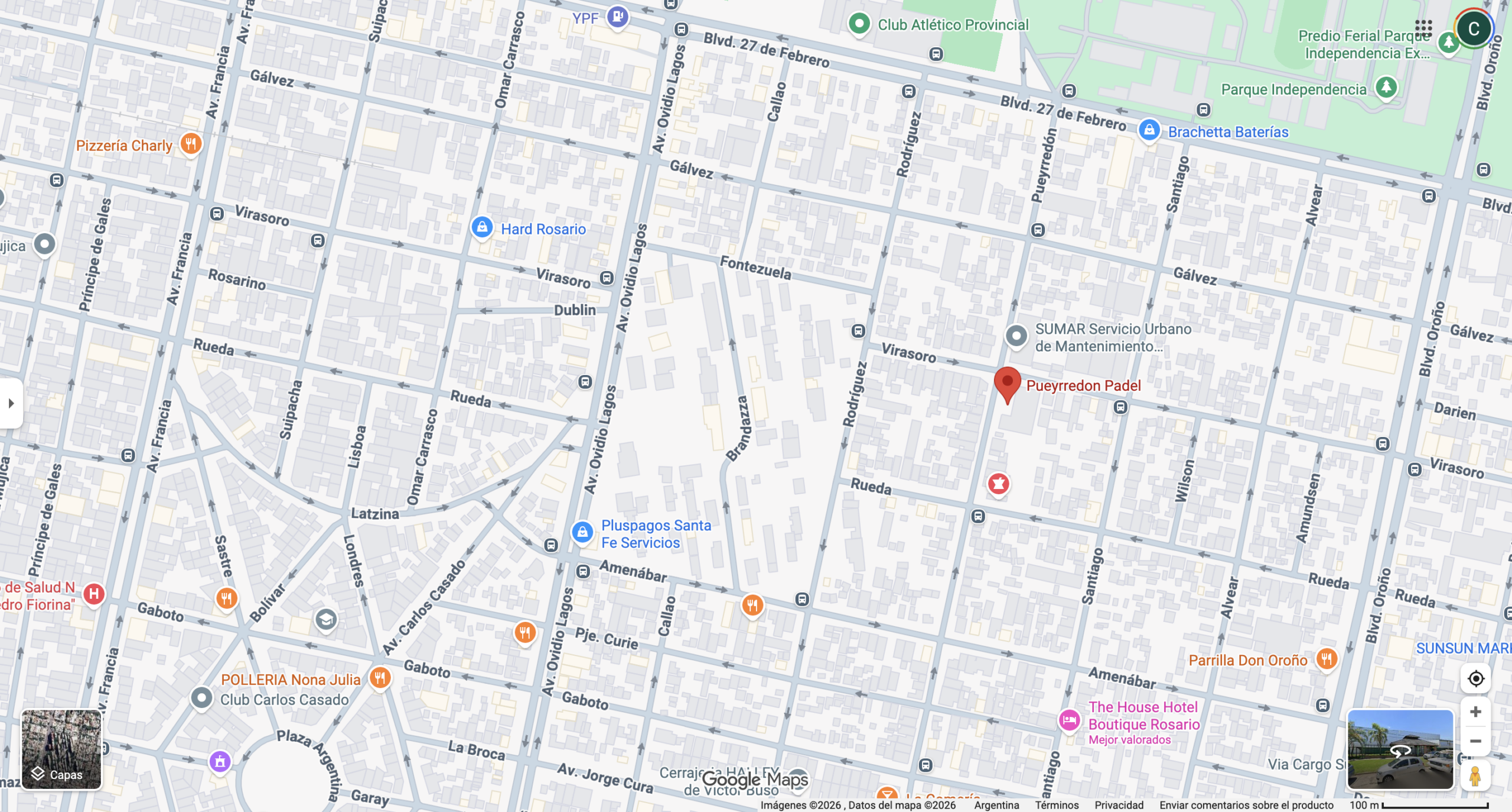Mapa de Google Maps indicando Pueyrredon Padel en la ciudad de Rosario. Fuente: Google Maps.