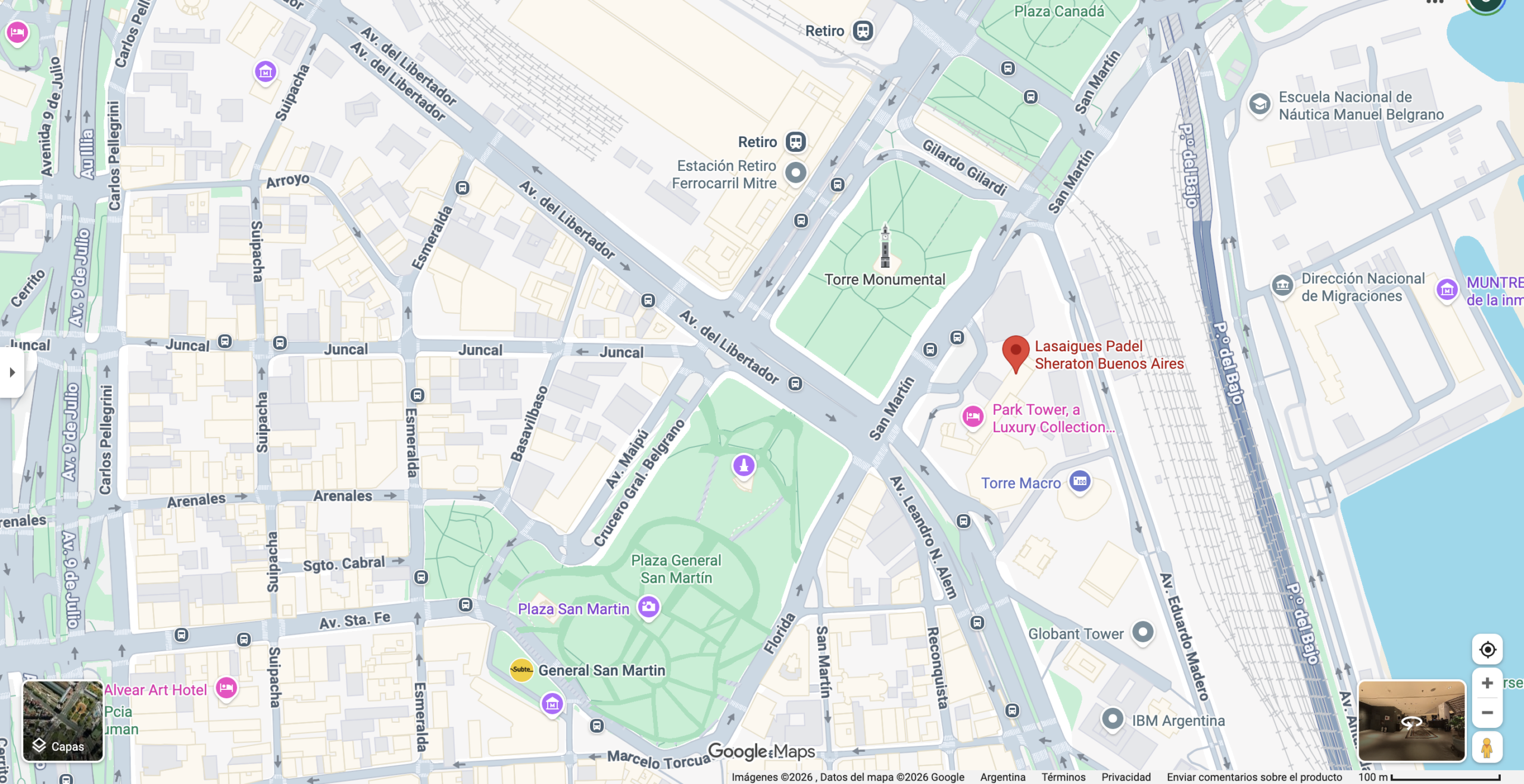 Mapa de Google Maps mostrando la ubicación de Lasaguies Padel en el Sheraton Buenos Aires, zona de Retiro. Fuente: Google Maps.