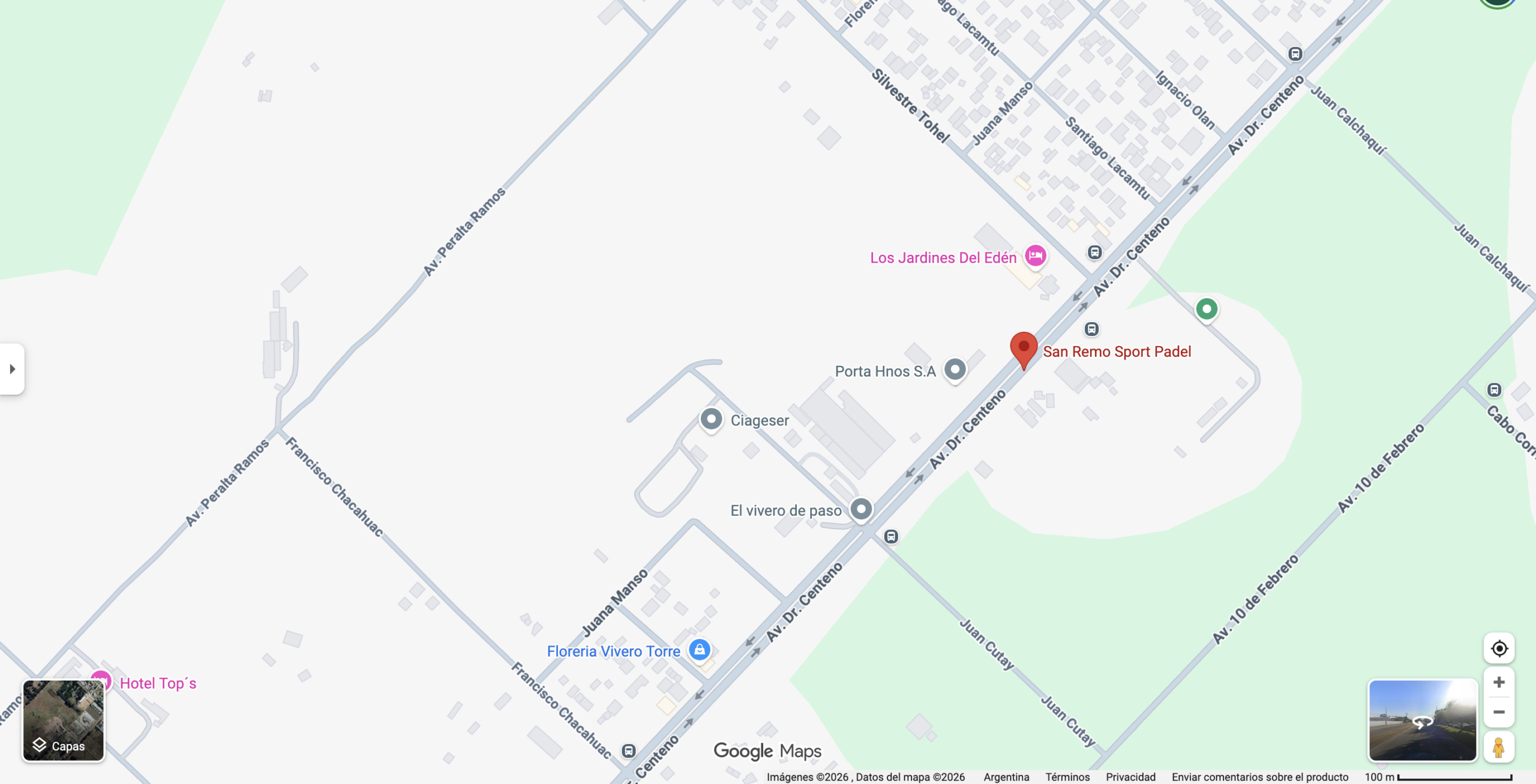 Mapa de Google Maps que muestra la ubicación de "San Remo Sport Padel" sobre la Av. Dr. Centeno en Mar del Plata, Argentina. Fuente: Google Maps.