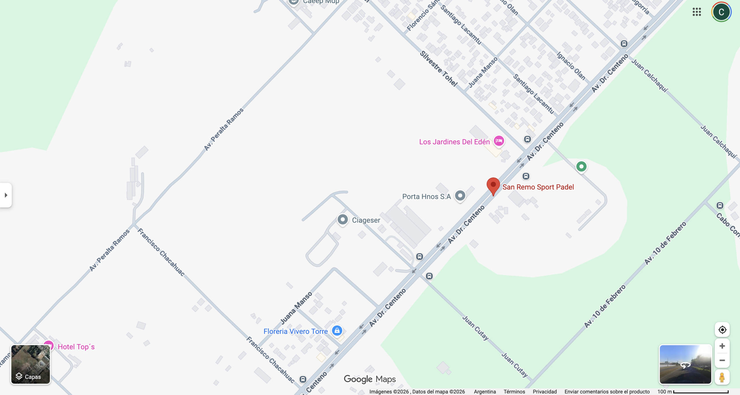 Mapa de Google Maps mostrando San Remo Sport Padel en Mar del Plata. Fuente: Google Maps.
