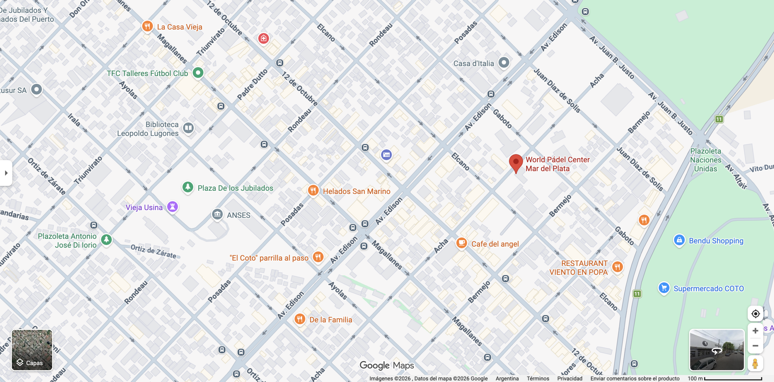 Mapa que muestra la ubicación del "World Pádel Center Mar del Plata" cerca de la Av. Edison y la Av. Juan B. Justo, Argentina. Fuente: Google Maps.