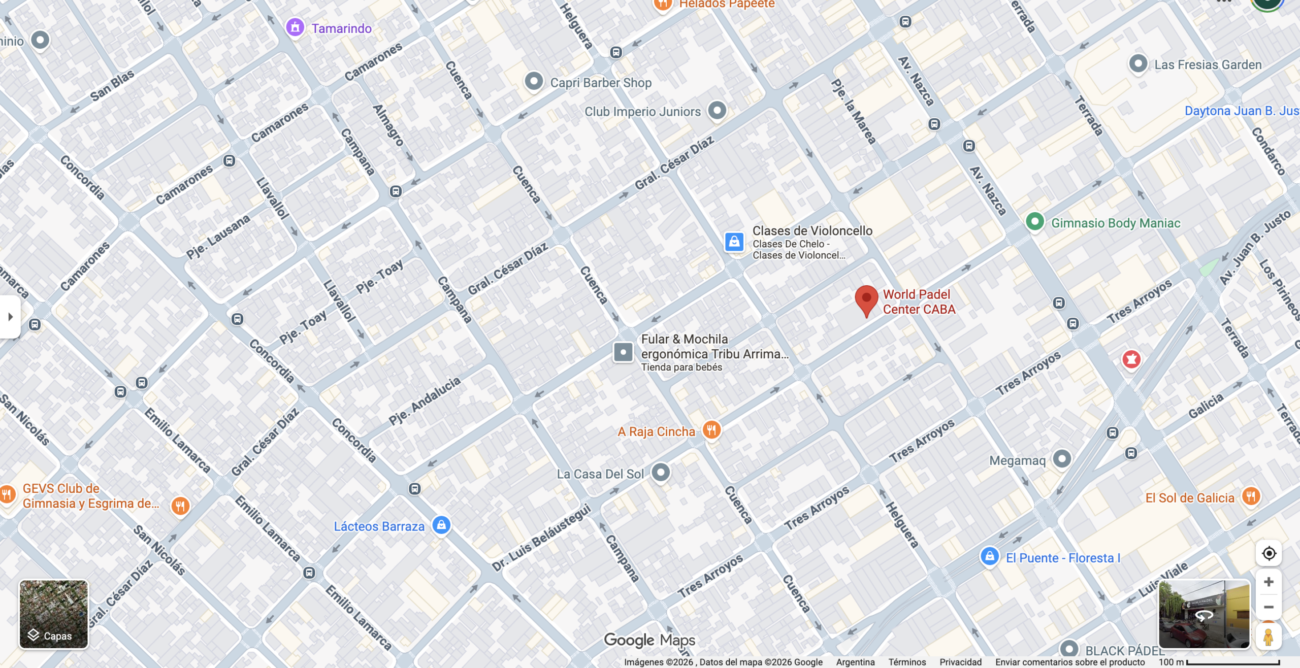 Mapa de Google Maps mostrando la ubicación exacta de World Padel Center en el barrio de Floresta, Buenos Aires. Fuente: Google Maps.