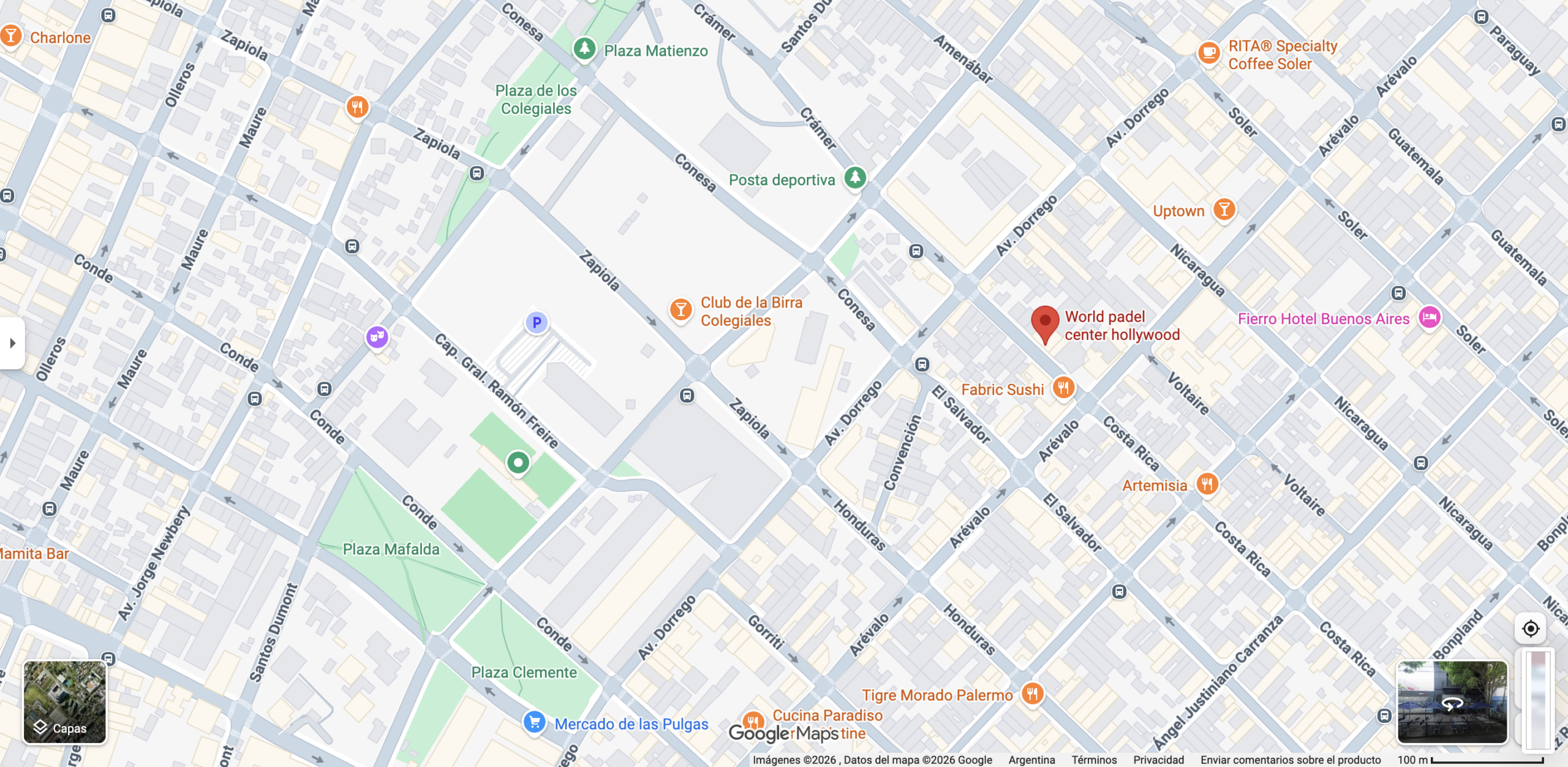 Mapa de Google Maps que indica la dirección de World Padel Center en la zona de Palermo Hollywood, Buenos Aires. Fuente: Google Maps.
