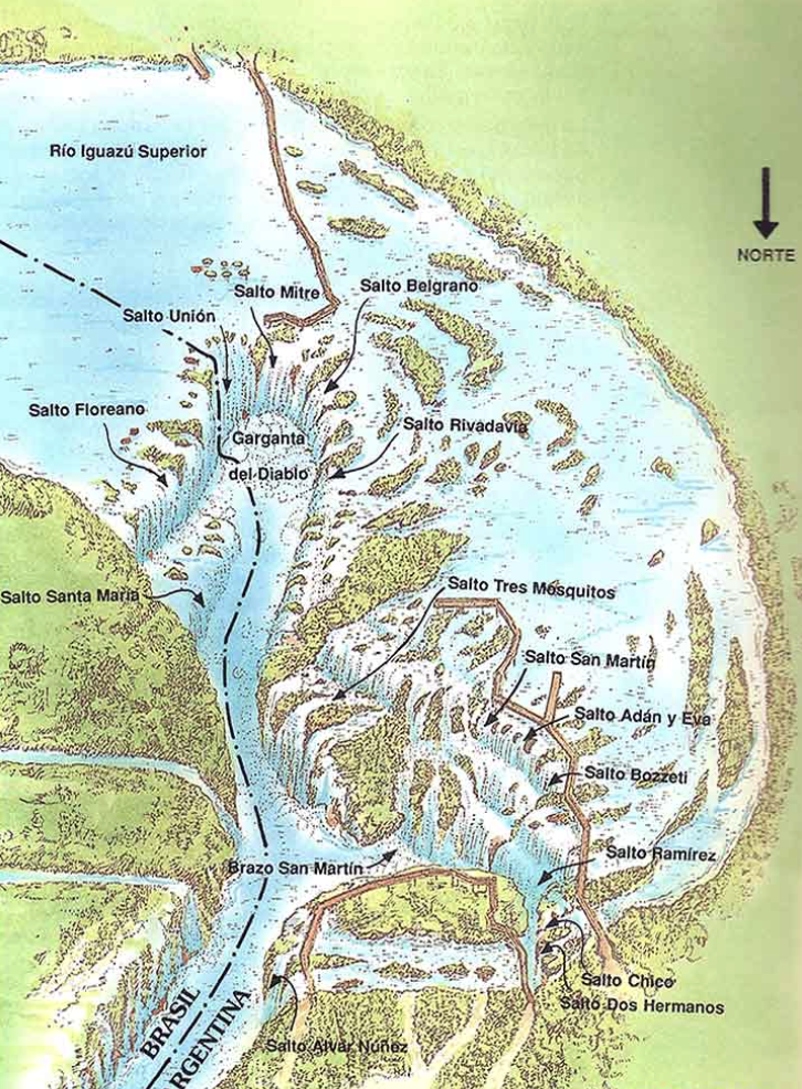 Mapa detallado de las Cataratas del Iguazú en la frontera entre Argentina y Brasil, representando los saltos y circuitos principales. Fuente: Wikimedia Commons / ArgentinaXplora.