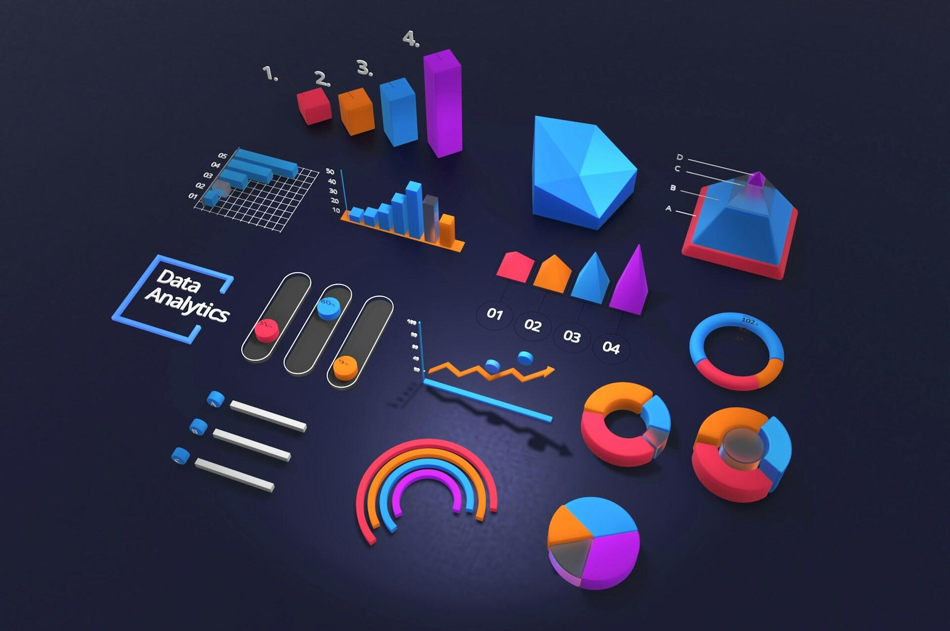 Representa una composición 3D de gráficos de barras y sectores con el texto