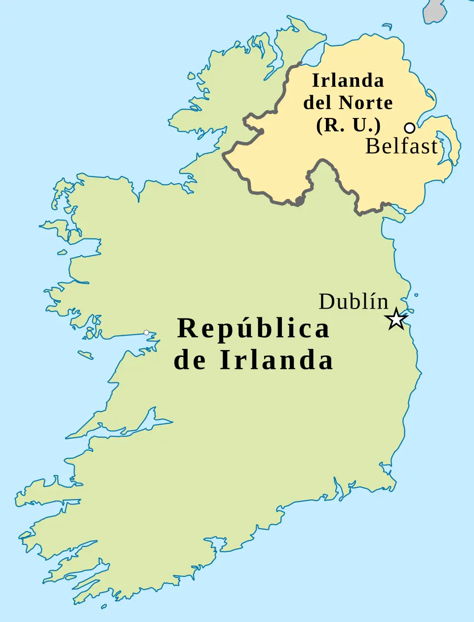 La República de Irlanda ocupa la mayor parte de la isla, mientras que Irlanda del Norte se encuentra en el noreste. Fuente: Wikimedia Commons.