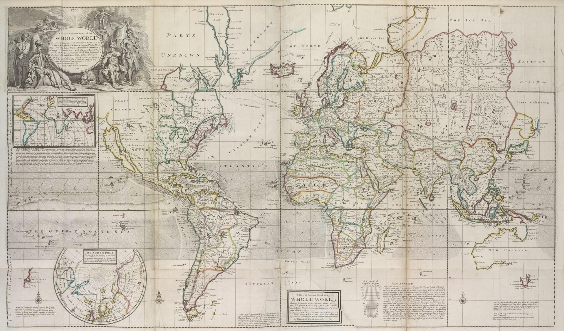 Mapa del mundo de 1719 que muestra las rutas comerciales y continentes, Fuente: The New York Public Library.