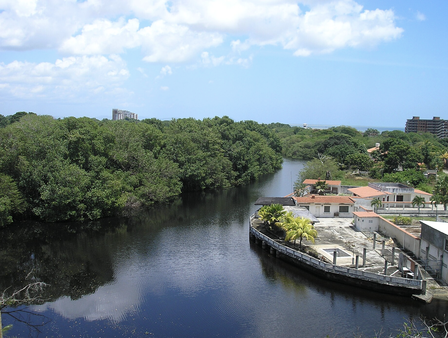 Río Chico, Tucumán: Vista de los canales rodeados de densa vegetación selvática y construcciones costeras. Fuente: Wiki Commons.