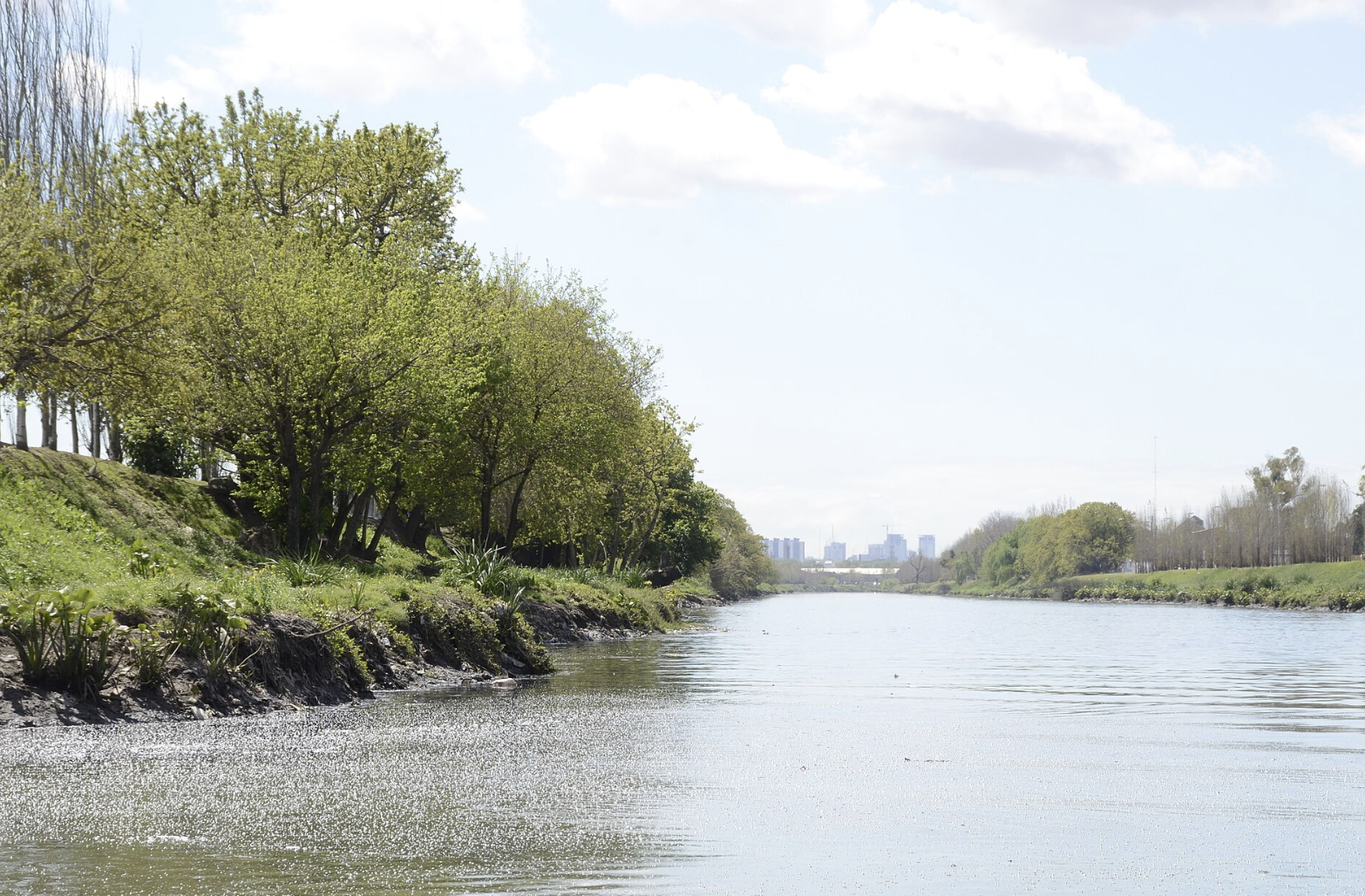 Riachuelo, Buenos Aires: El curso del río con vegetación en sus márgenes en la zona del Puente Alsina. Fuente: Wiki Commons.