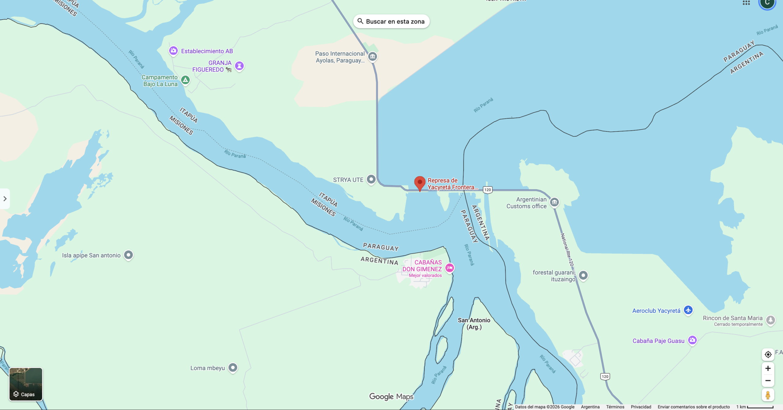 Central Hidroeléctrica Yacyretá, Ituzaingó, Corrientes, Argentina. Mapa que indica la ubicación de la represa sobre el río Paraná. Fuente: Google Maps.