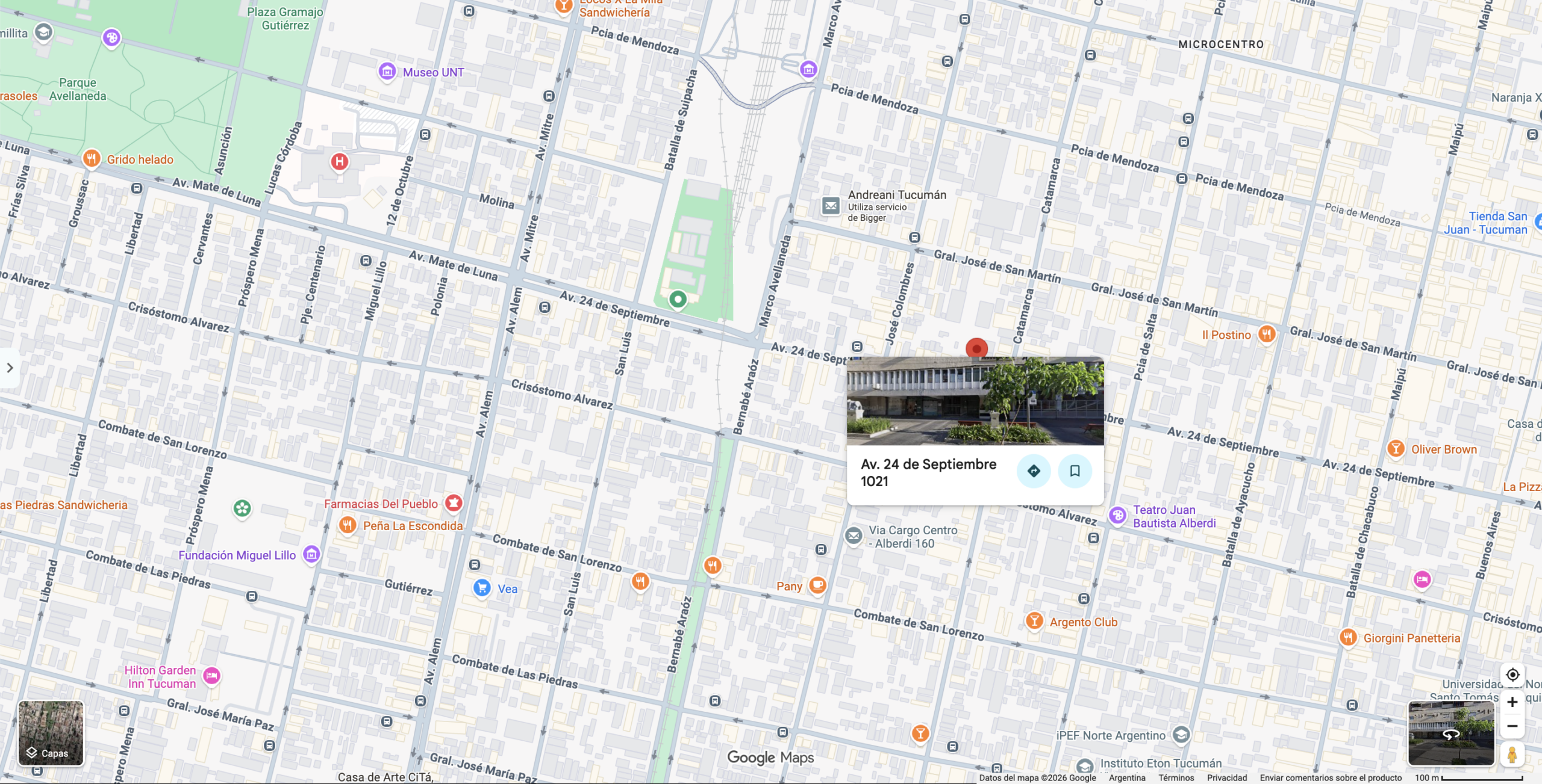 Av. 24 de Septiembre 1021, San Miguel de Tucumán, Argentina. Mapa de la ubicación de la Sociedad Italiana de Tucumán. Fuente: Google Maps.