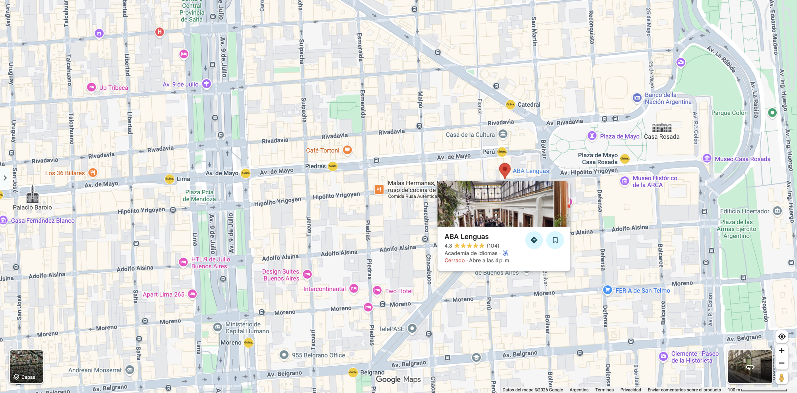 Mapa de Google Maps en CABA, Argentina, indicando la sede de ABA Lenguas en Av. Hipólito Yrigoyen 571, 4.º piso. Fuente: Google Maps.