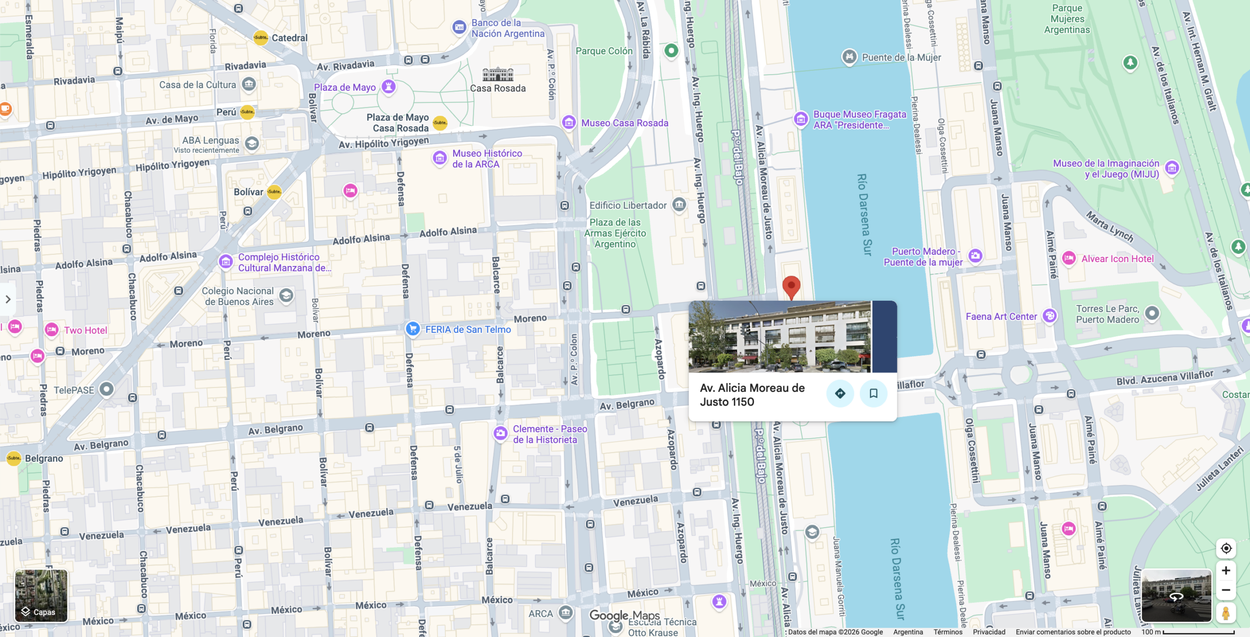 Mapa de Google Maps en el barrio de Puerto Madero, CABA, indicando la ubicación del centro Utalk en Av. Alicia Moreau de Justo 1150, oficina 306A. Fuente: Google Maps.
