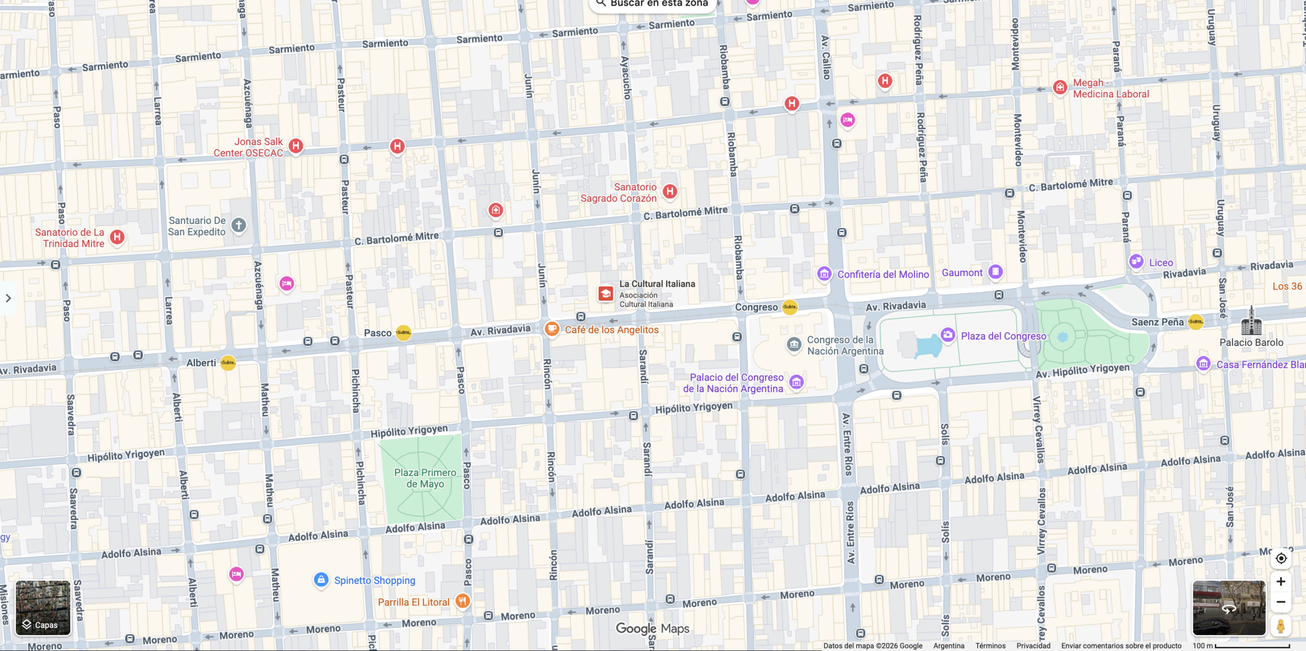 Mapa de Google Maps del barrio de Congreso en CABA, Argentina, señalando la asociación